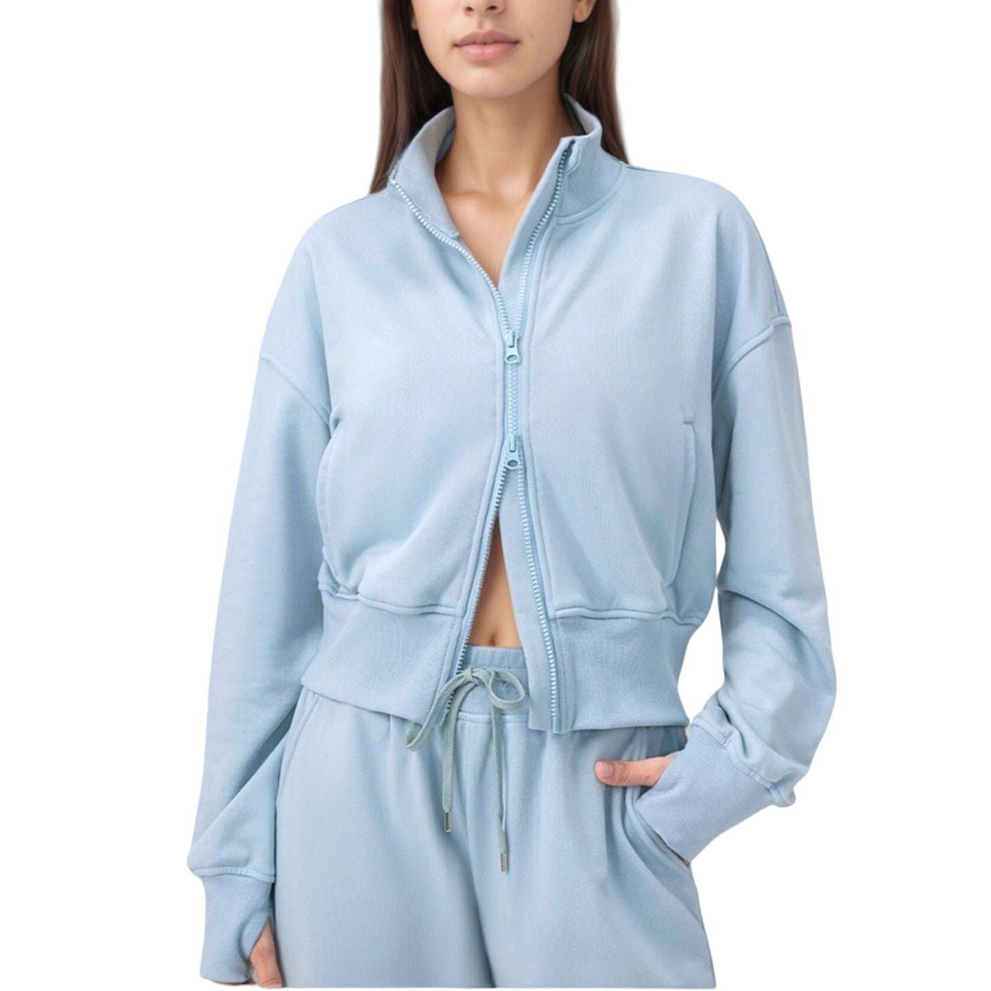 Cropped Zip-Up Jacket with High Collar and Long Sleeves