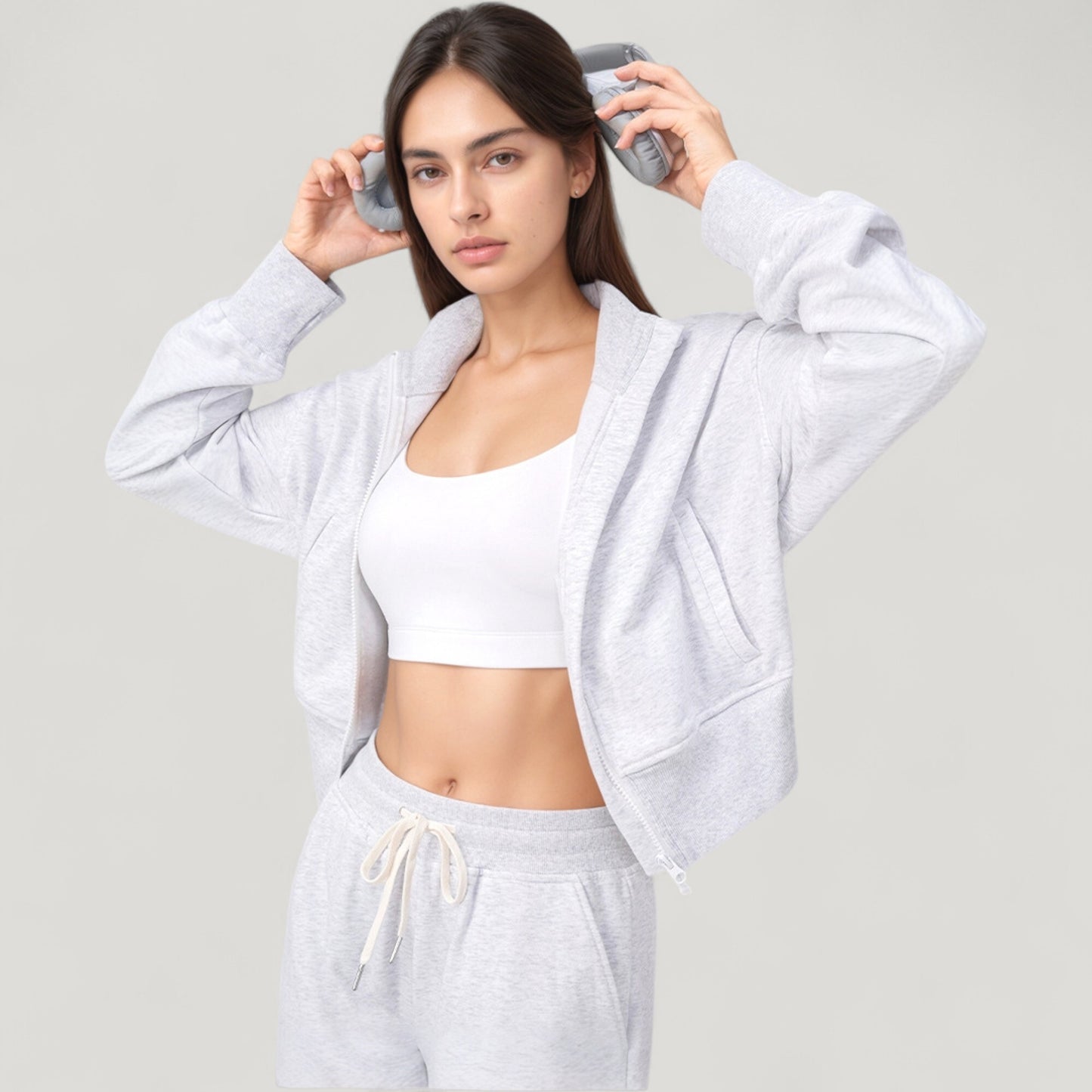 Cropped Zip-Up Jacket with High Collar and Long Sleeves