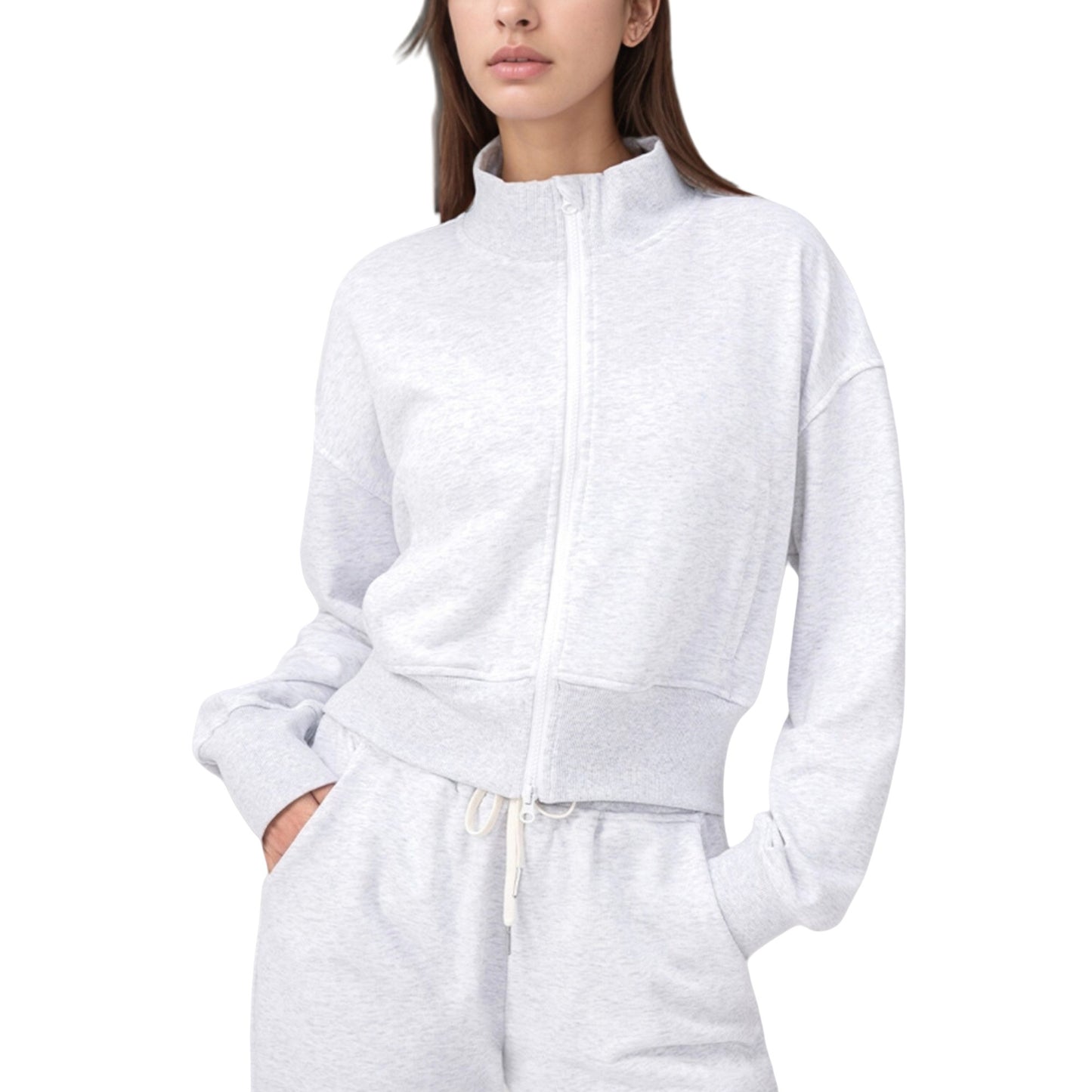 Cropped Zip-Up Jacket with High Collar and Long Sleeves