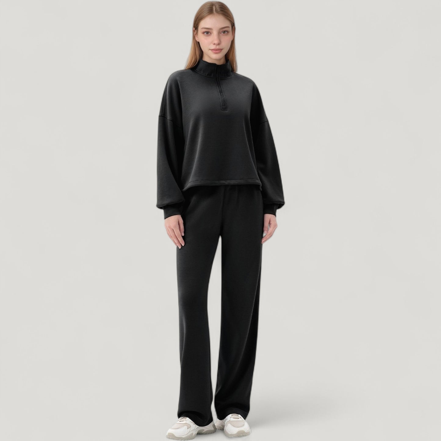 Long Sleeve Half Zip Pullover Top with High Collar and Relaxed Fit