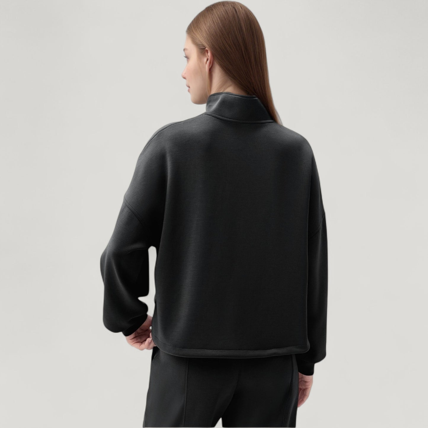Long Sleeve Half Zip Pullover Top with High Collar and Relaxed Fit