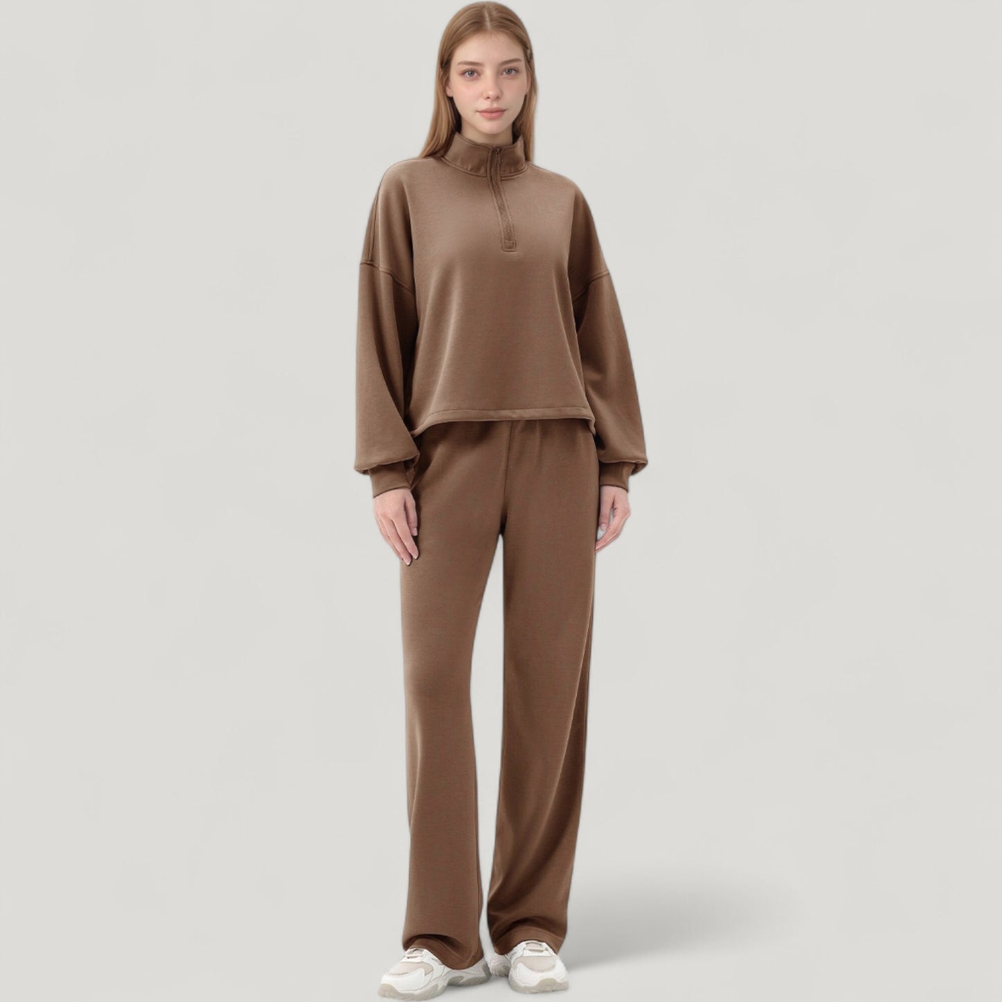 Long Sleeve Half Zip Pullover Top with High Collar and Relaxed Fit