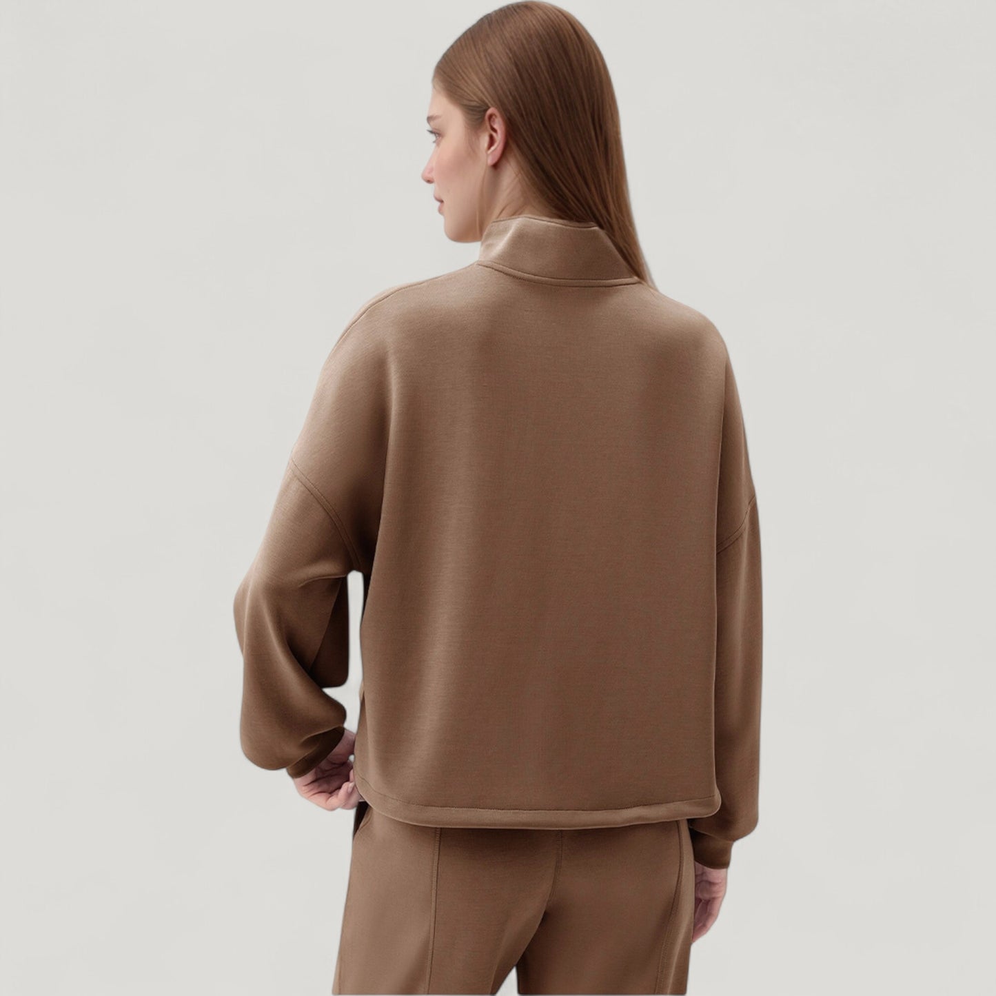 Long Sleeve Half Zip Pullover Top with High Collar and Relaxed Fit