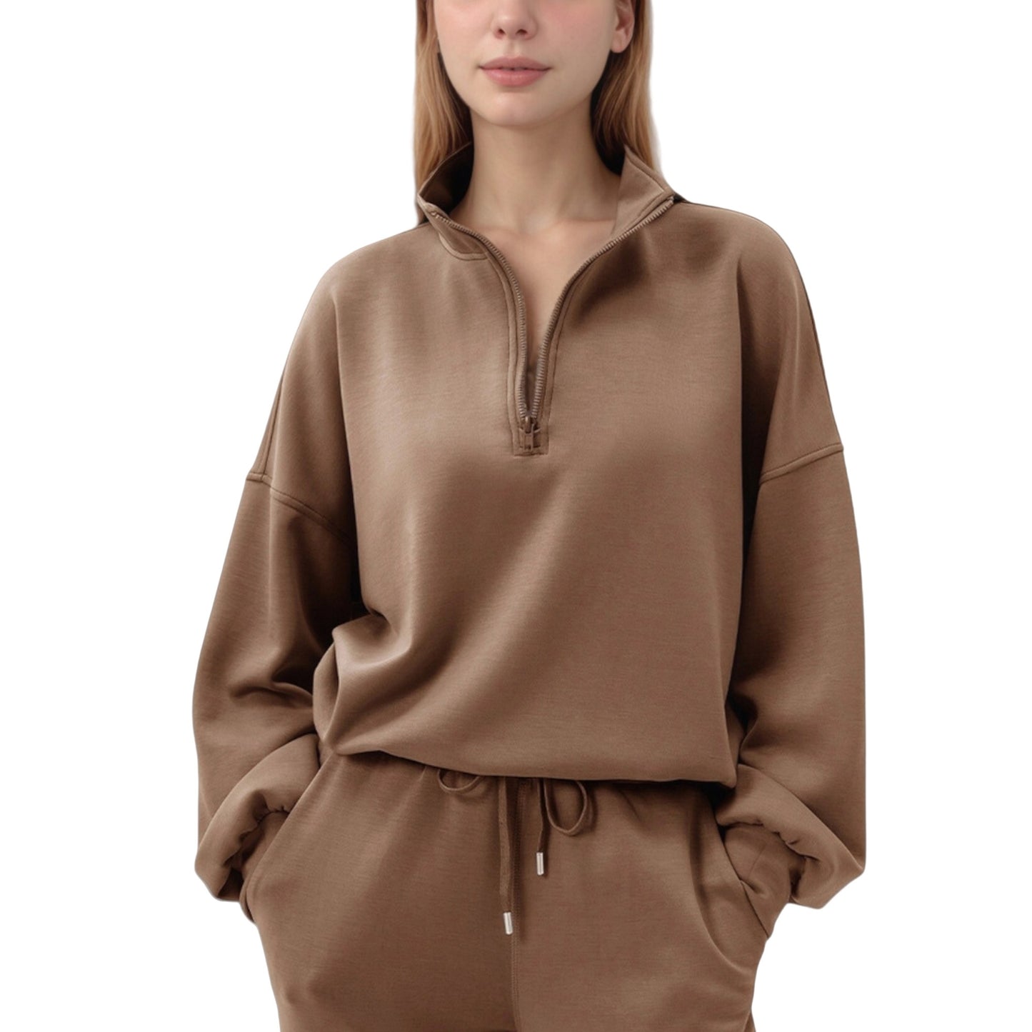 Long Sleeve Half Zip Pullover Top with High Collar and Relaxed Fit
