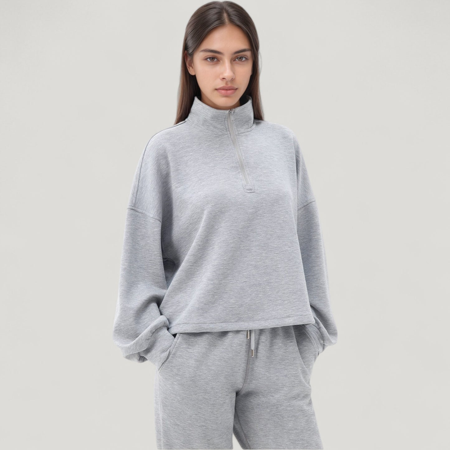 Long Sleeve Half Zip Pullover Top with High Collar and Relaxed Fit