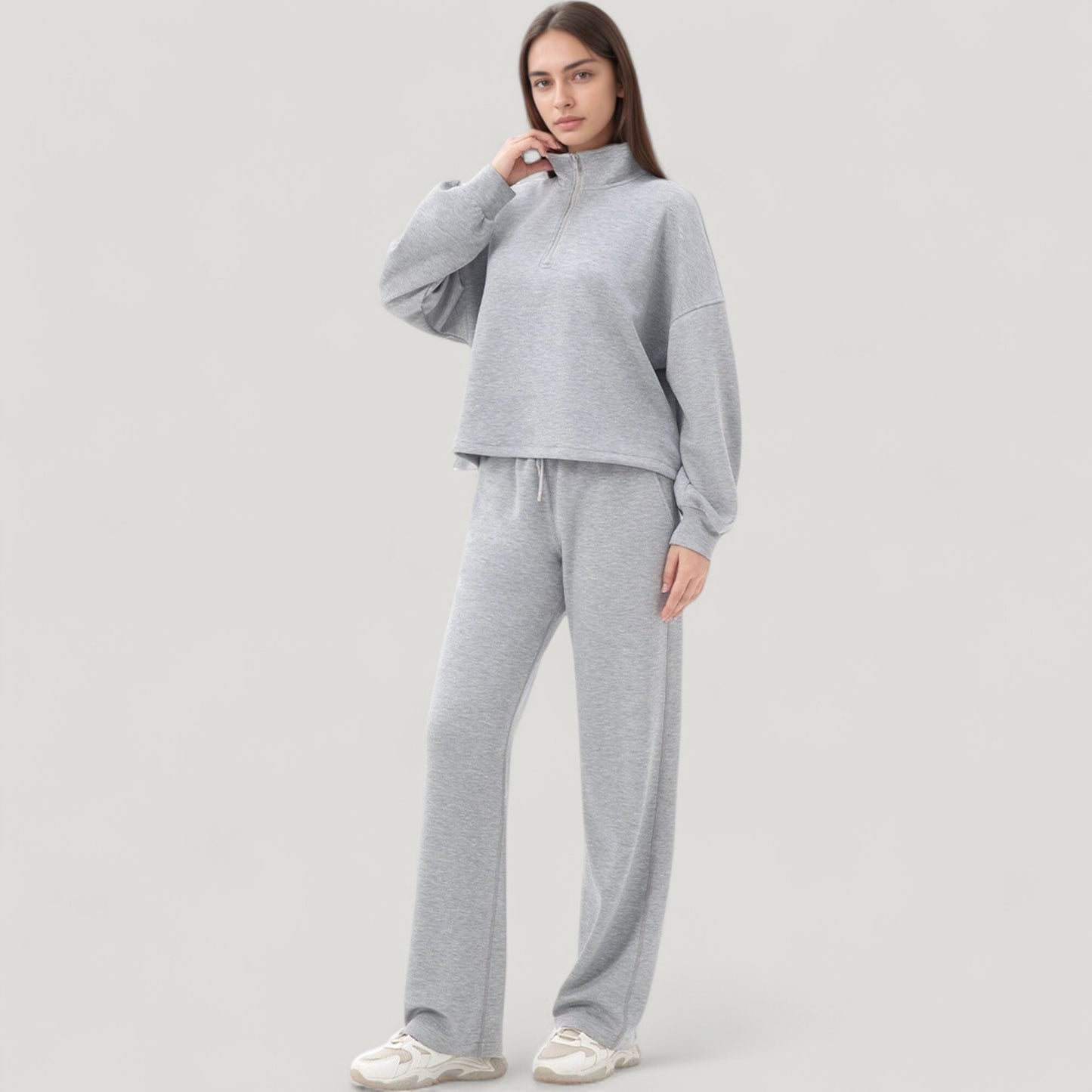 Long Sleeve Half Zip Pullover Top with High Collar and Relaxed Fit
