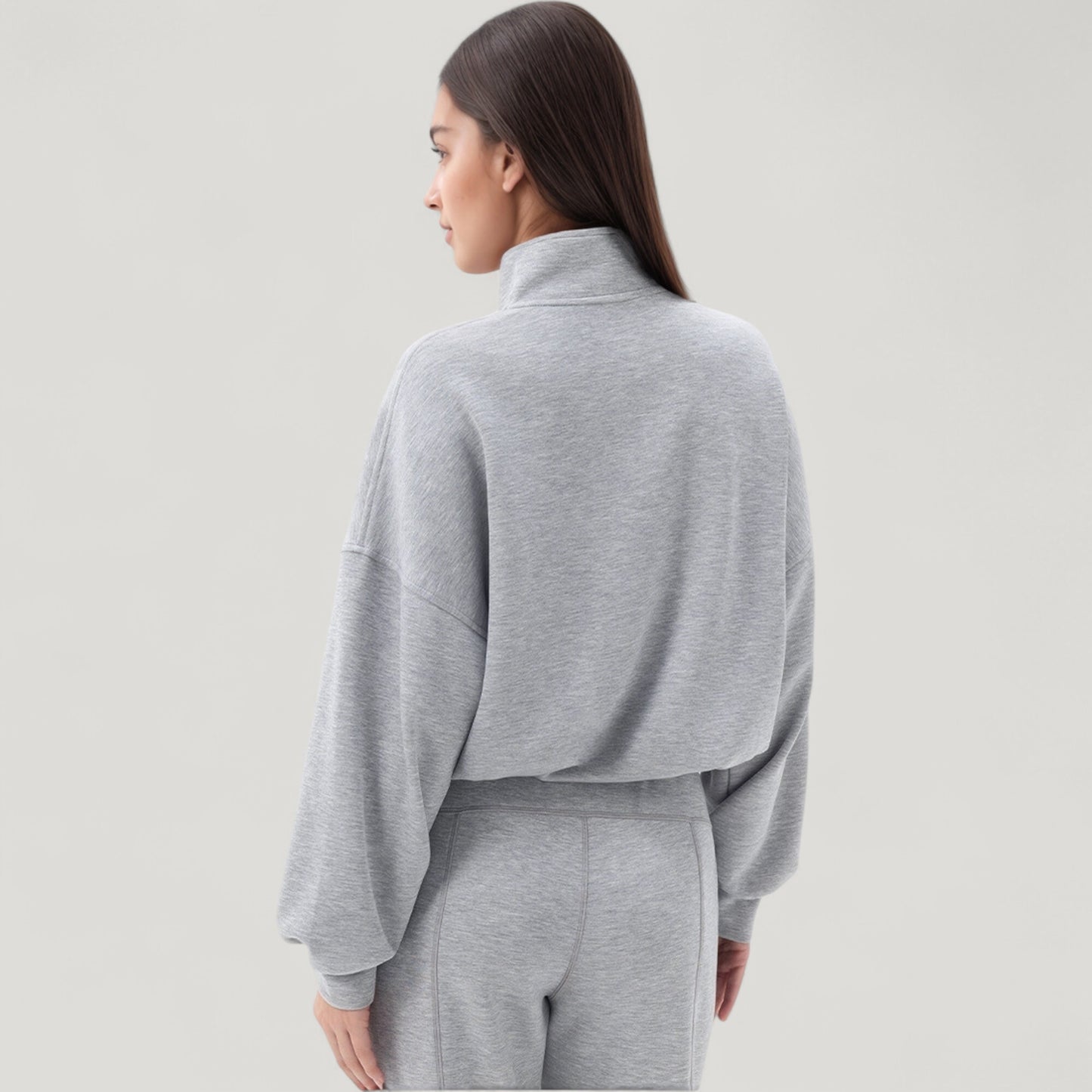 Long Sleeve Half Zip Pullover Top with High Collar and Relaxed Fit