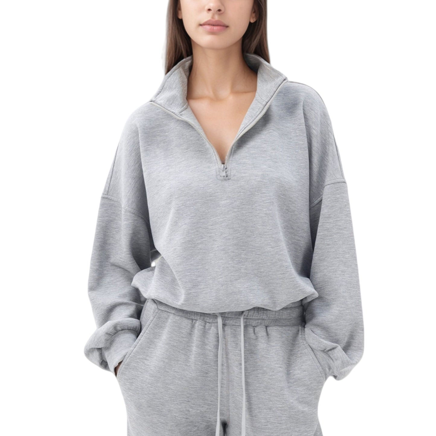 Long Sleeve Half Zip Pullover Top with High Collar and Relaxed Fit