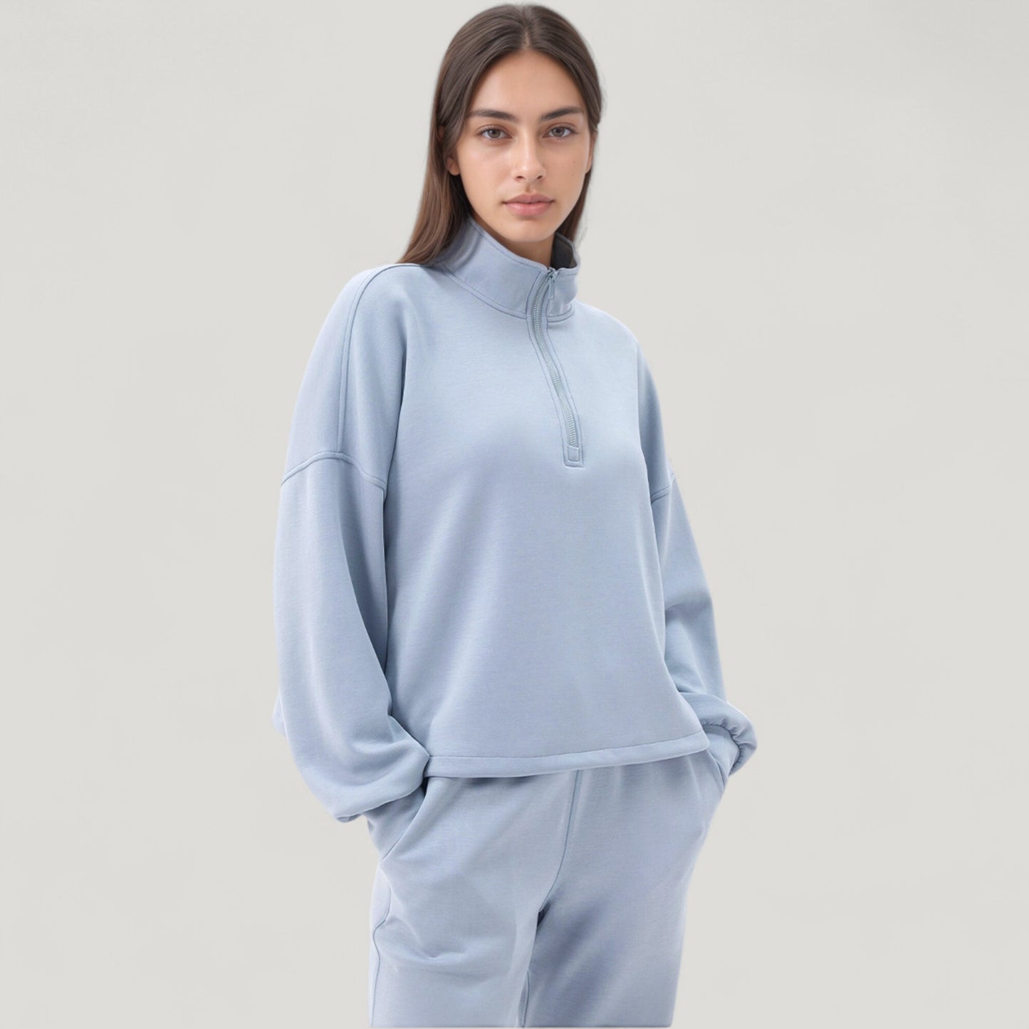 Long Sleeve Half Zip Pullover Top with High Collar and Relaxed Fit