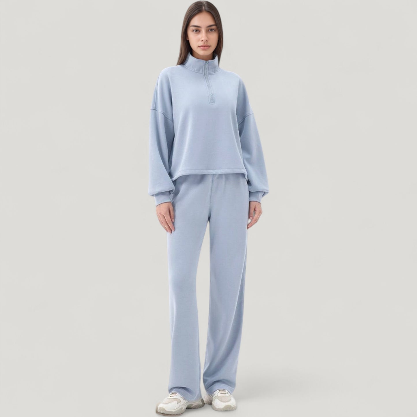 Long Sleeve Half Zip Pullover Top with High Collar and Relaxed Fit