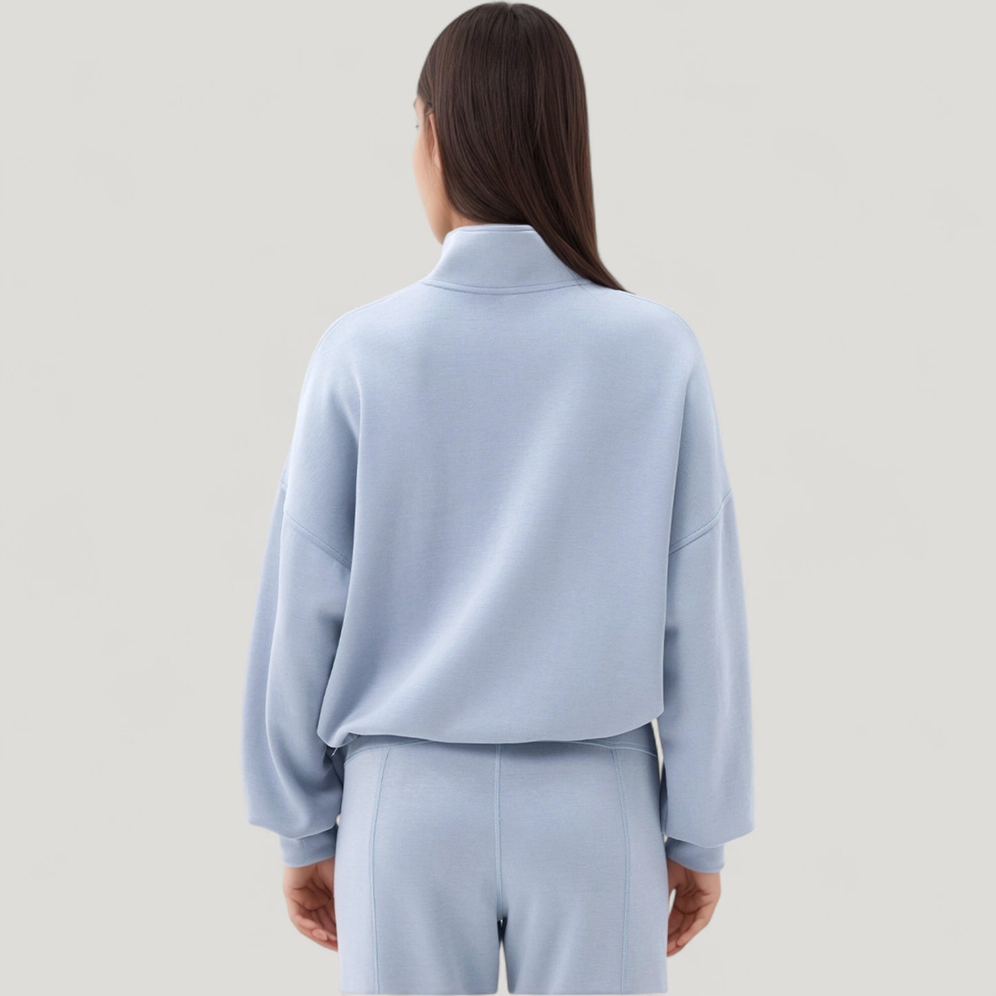 Long Sleeve Half Zip Pullover Top with High Collar and Relaxed Fit