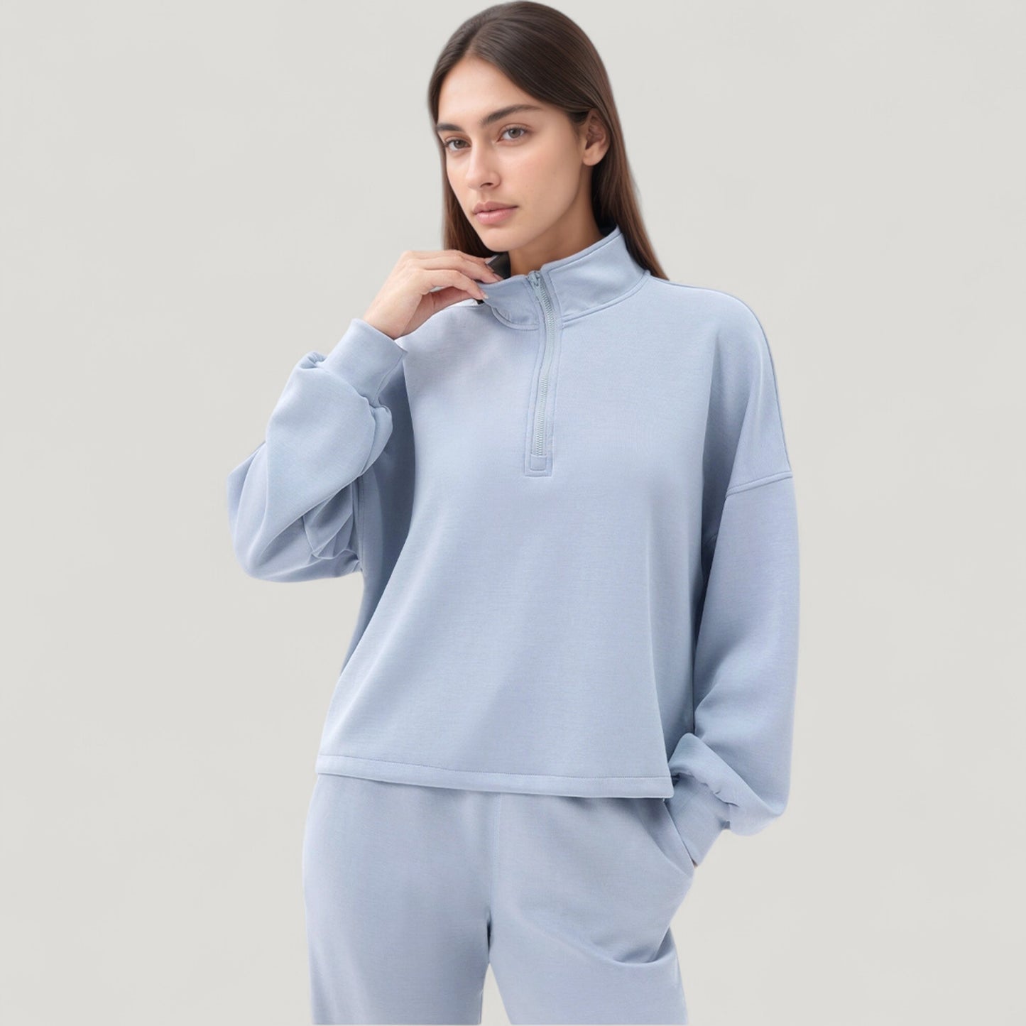 Long Sleeve Half Zip Pullover Top with High Collar and Relaxed Fit