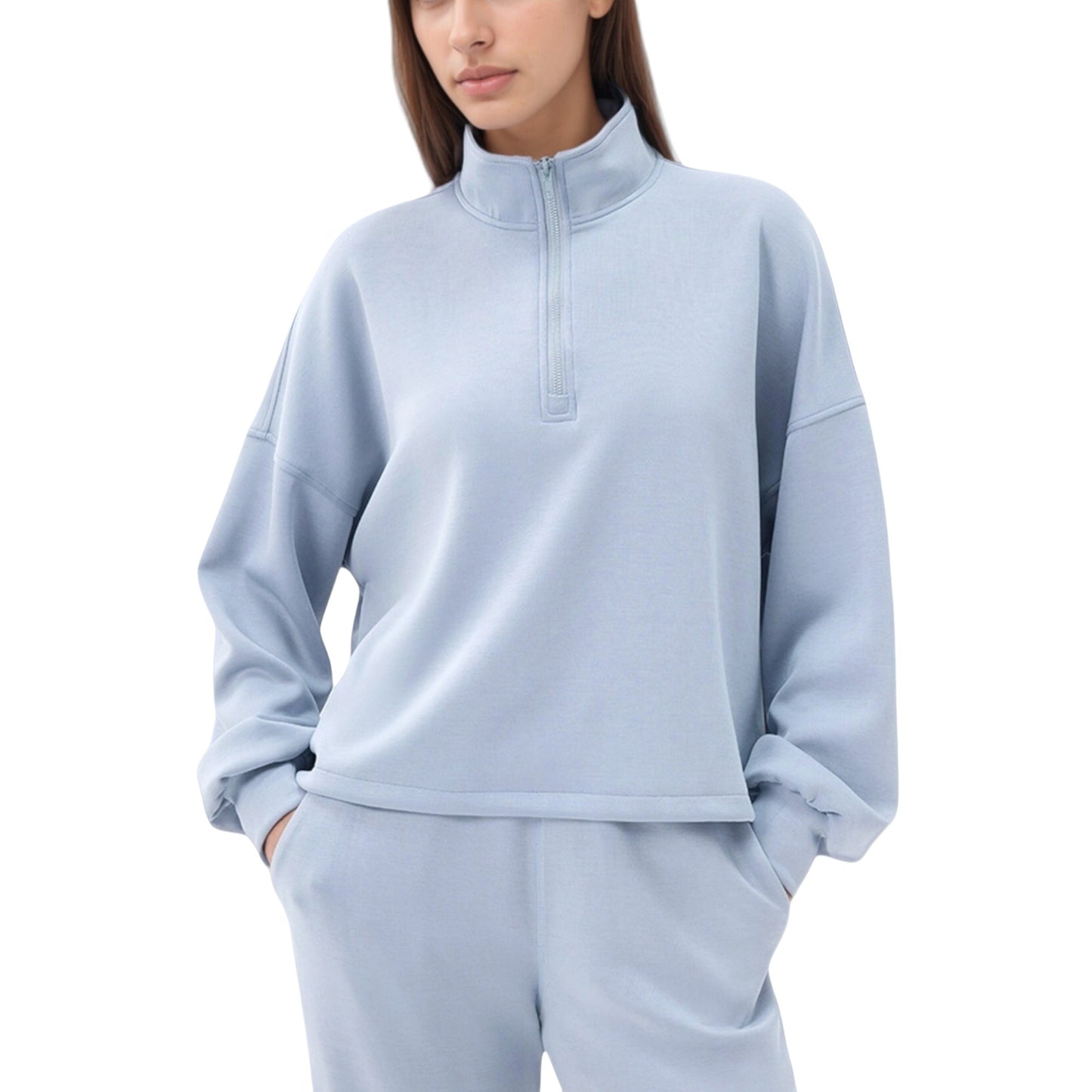 Long Sleeve Half Zip Pullover Top with High Collar and Relaxed Fit