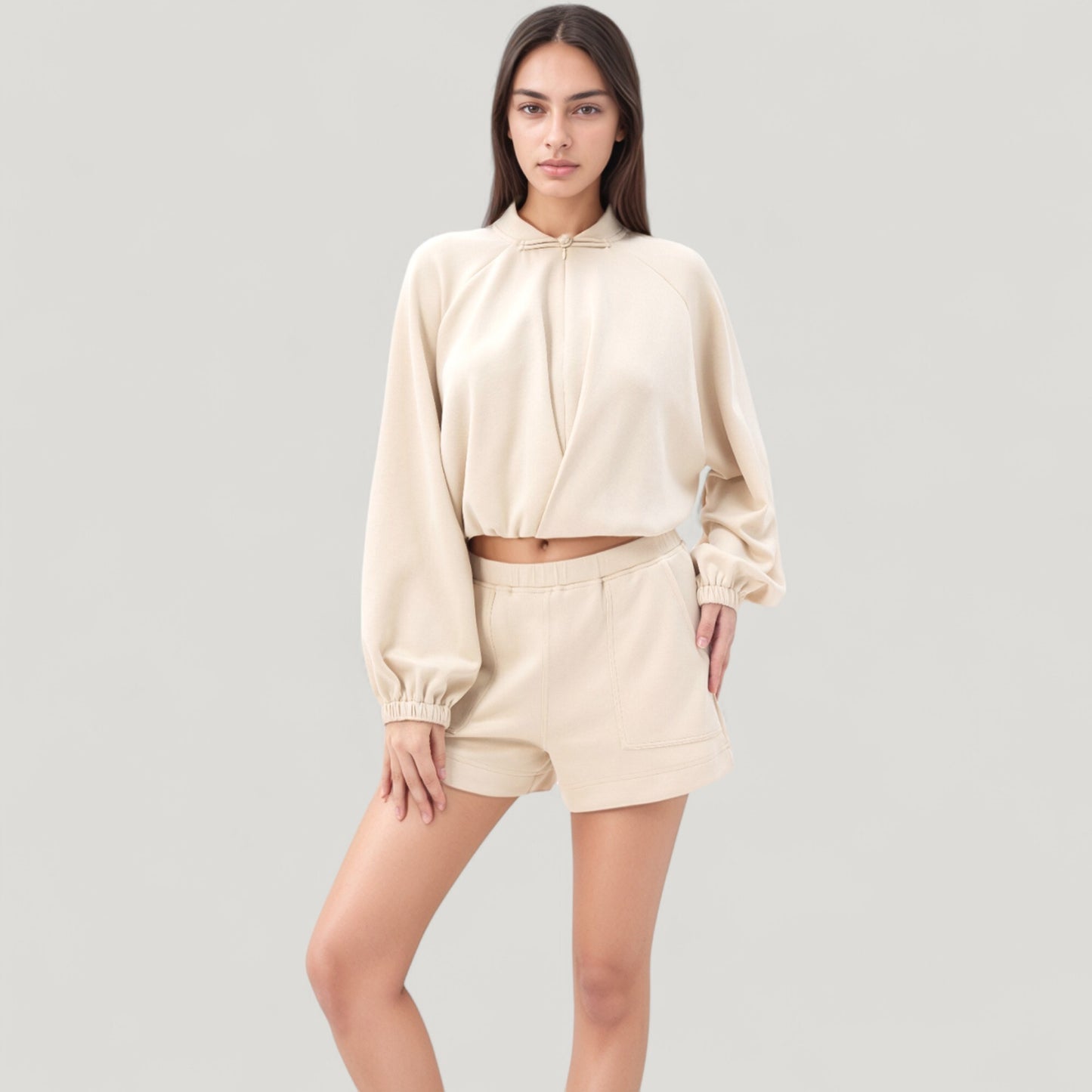 Long Sleeve Woven Lounge Top with Half Zip Front, Elastic Hem, and Relaxed Draped Fit
