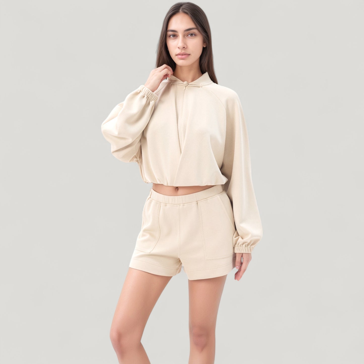 Long Sleeve Woven Lounge Top with Half Zip Front, Elastic Hem, and Relaxed Draped Fit