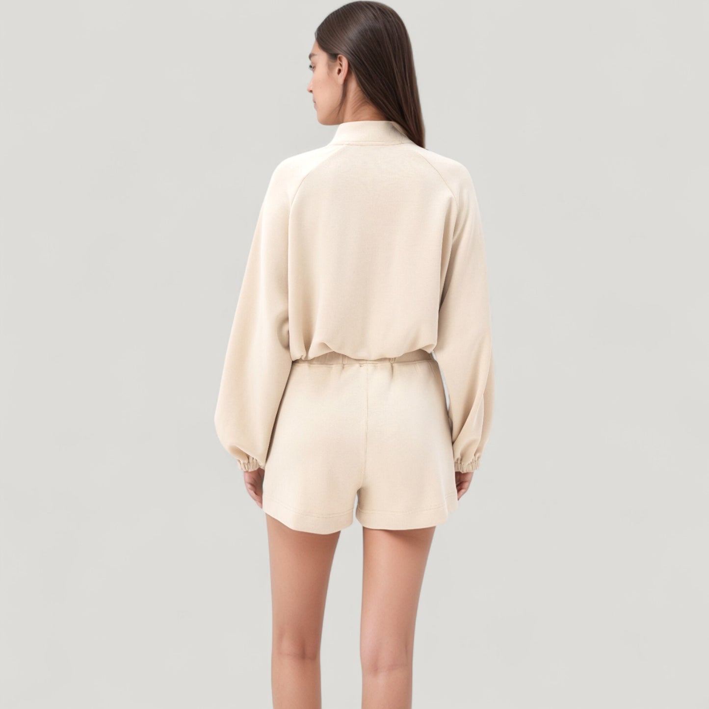 Long Sleeve Woven Lounge Top with Half Zip Front, Elastic Hem, and Relaxed Draped Fit