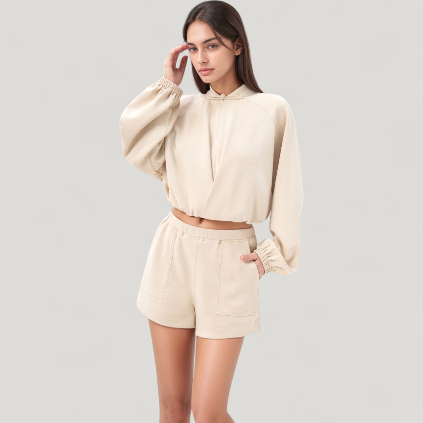 Long Sleeve Woven Lounge Top with Half Zip Front, Elastic Hem, and Relaxed Draped Fit