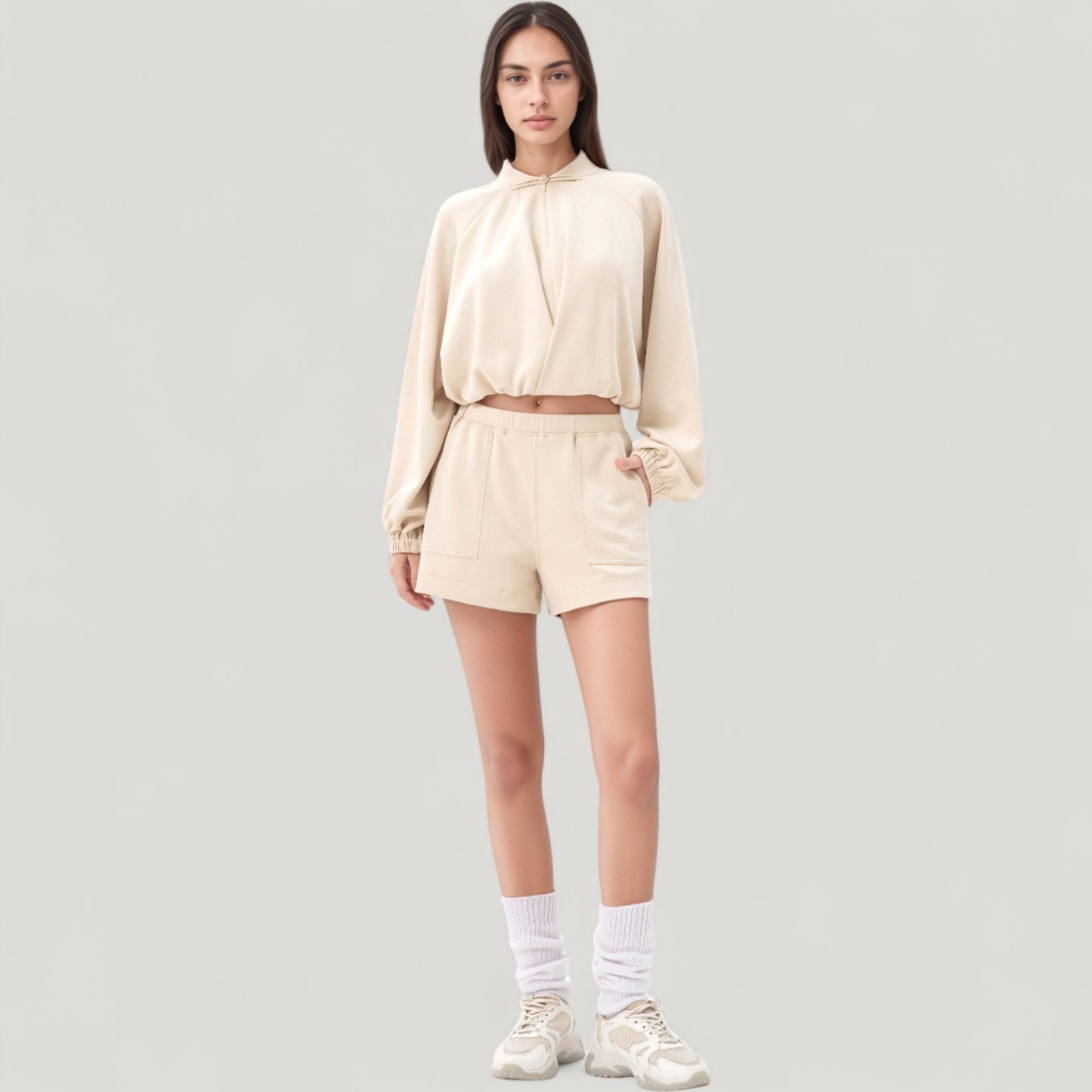 Long Sleeve Woven Lounge Top with Half Zip Front, Elastic Hem, and Relaxed Draped Fit
