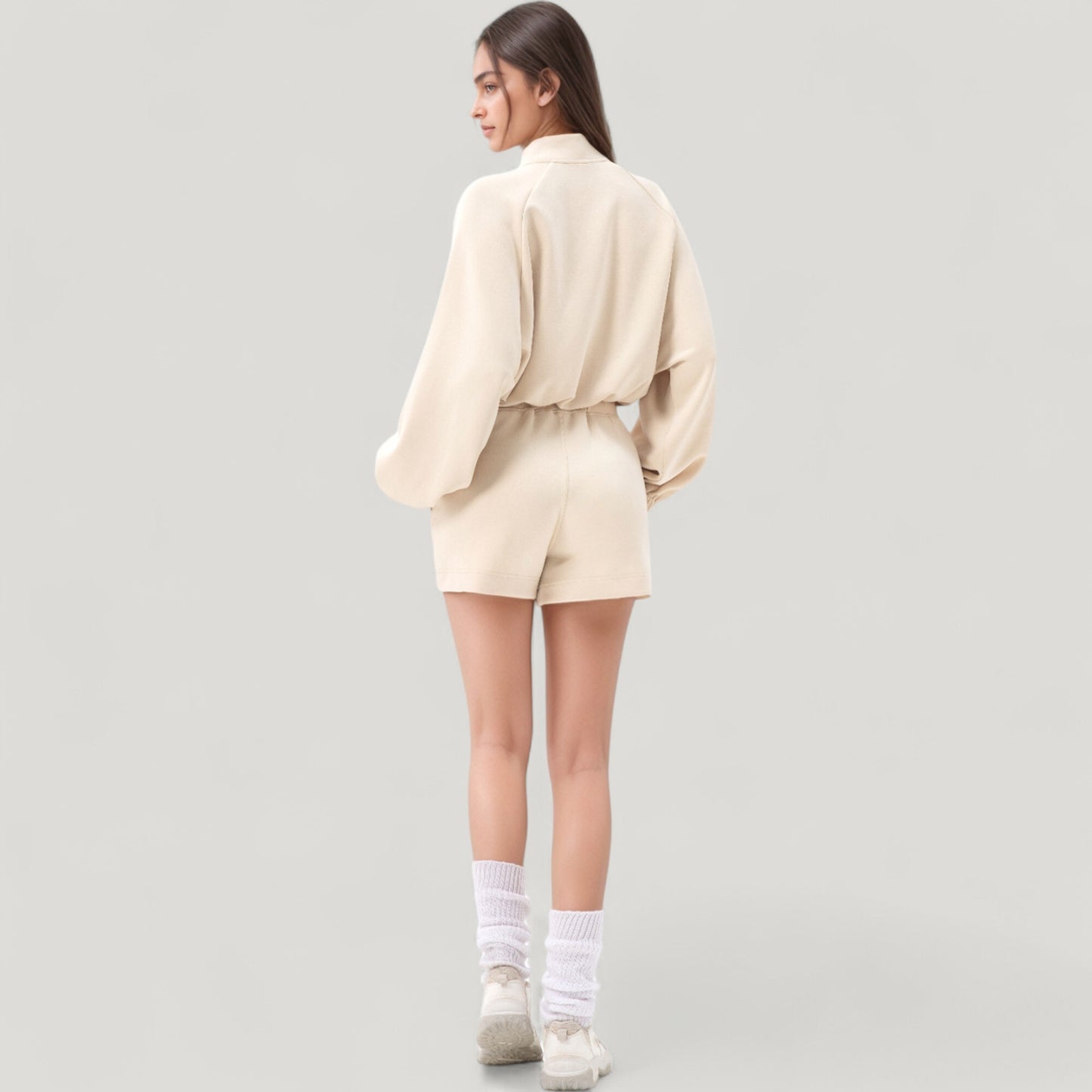 Long Sleeve Woven Lounge Top with Half Zip Front, Elastic Hem, and Relaxed Draped Fit