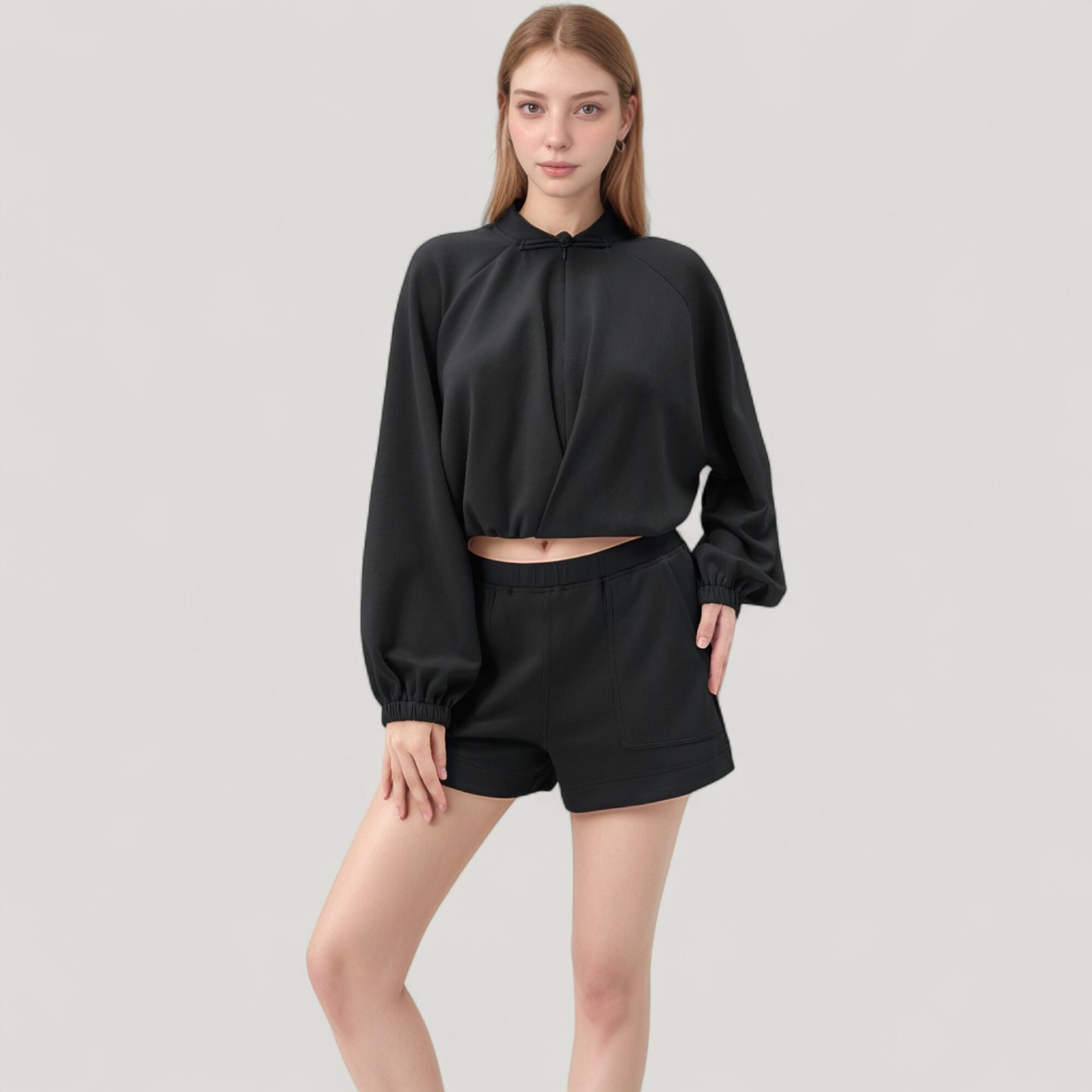 Long Sleeve Woven Lounge Top with Half Zip Front, Elastic Hem, and Relaxed Draped Fit