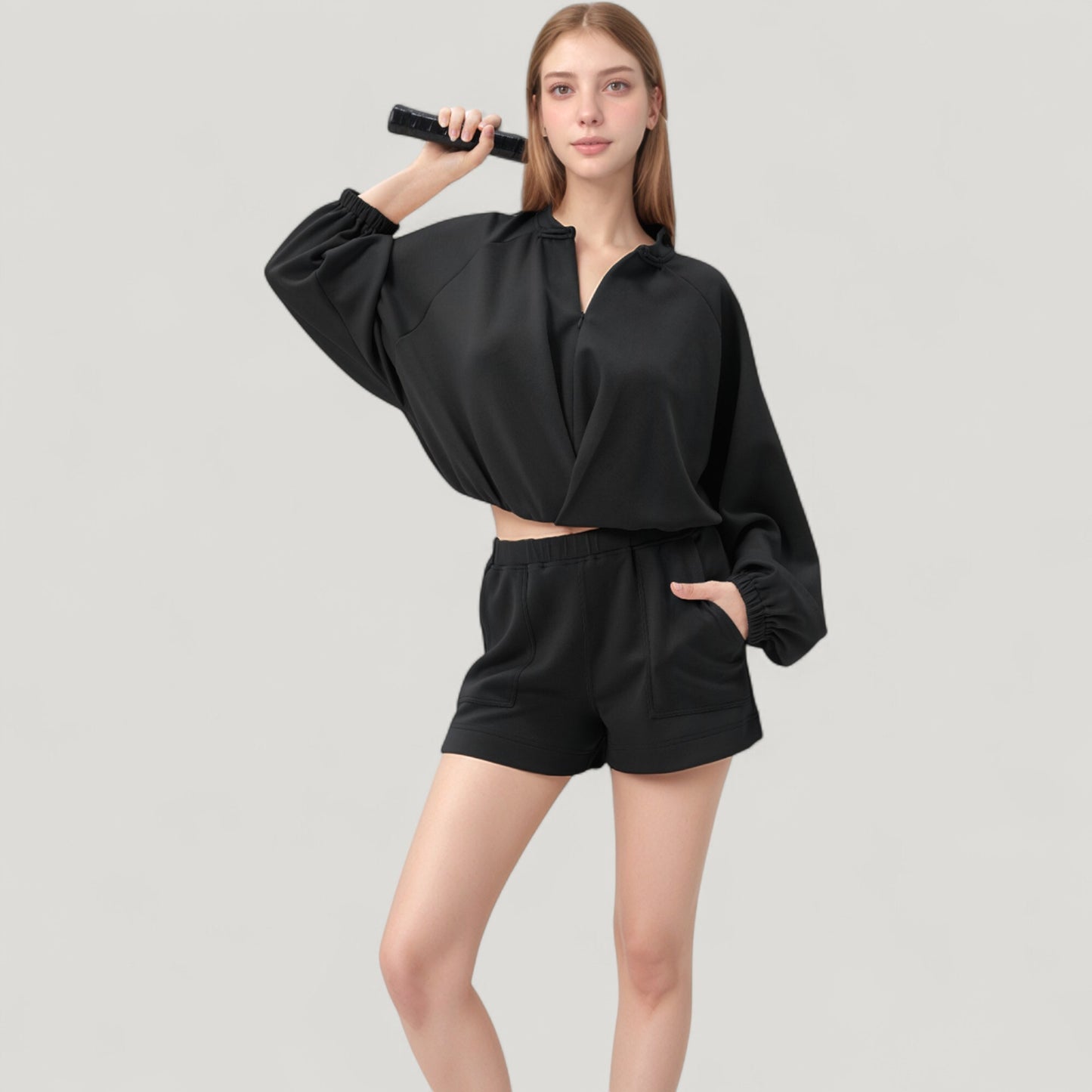 Long Sleeve Woven Lounge Top with Half Zip Front, Elastic Hem, and Relaxed Draped Fit