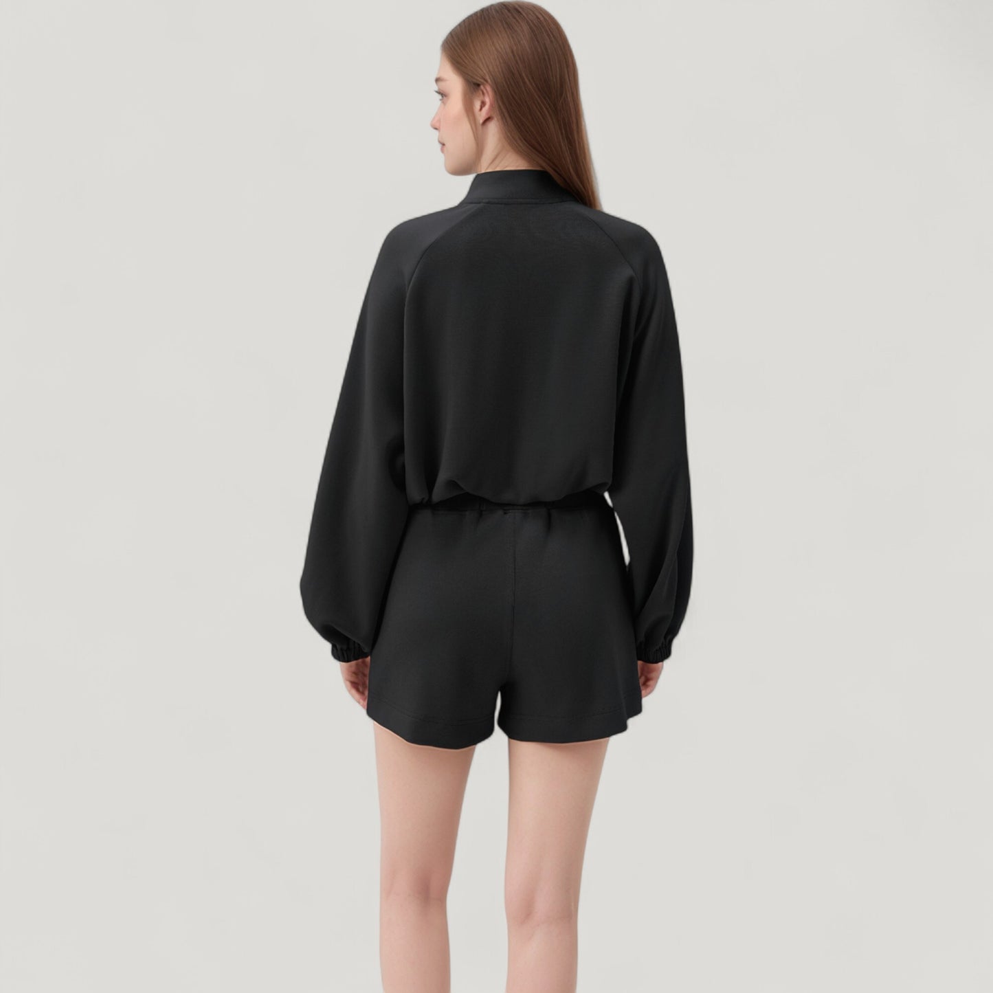 Long Sleeve Woven Lounge Top with Half Zip Front, Elastic Hem, and Relaxed Draped Fit