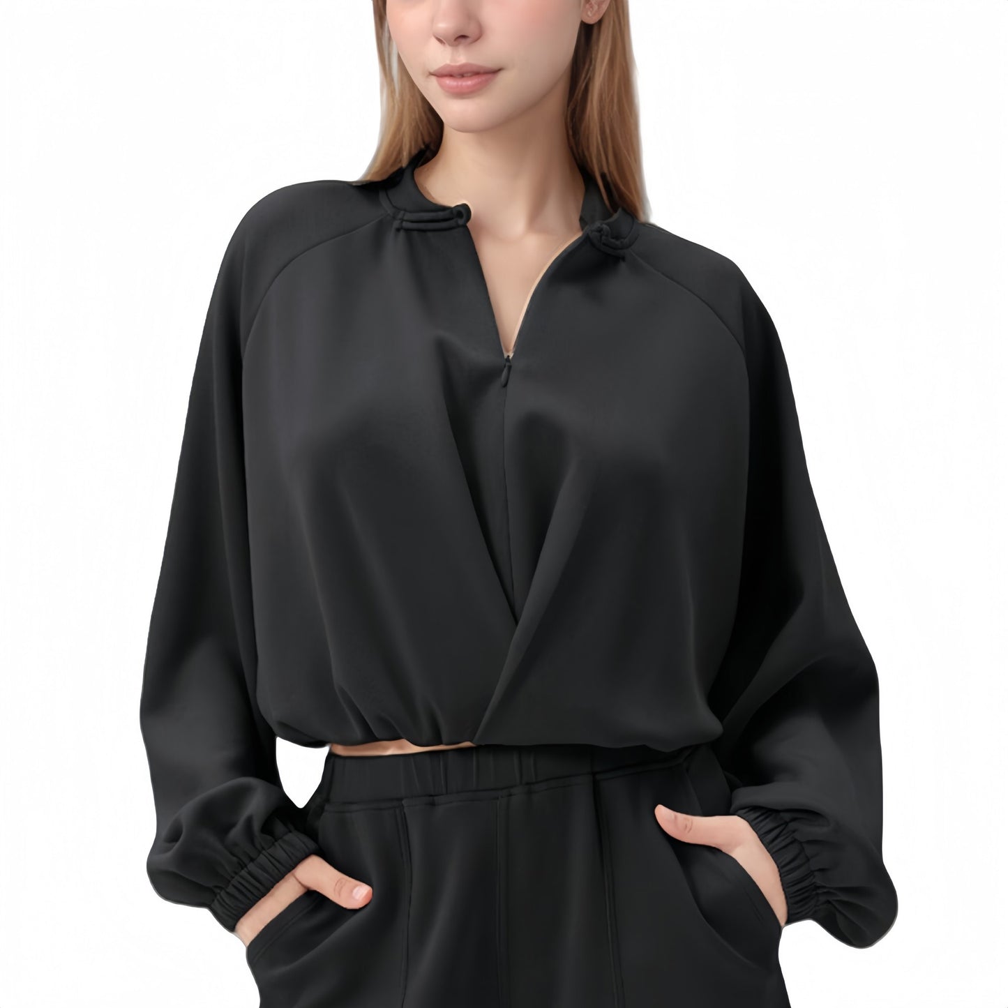 Long Sleeve Woven Lounge Top with Half Zip Front, Elastic Hem, and Relaxed Draped Fit