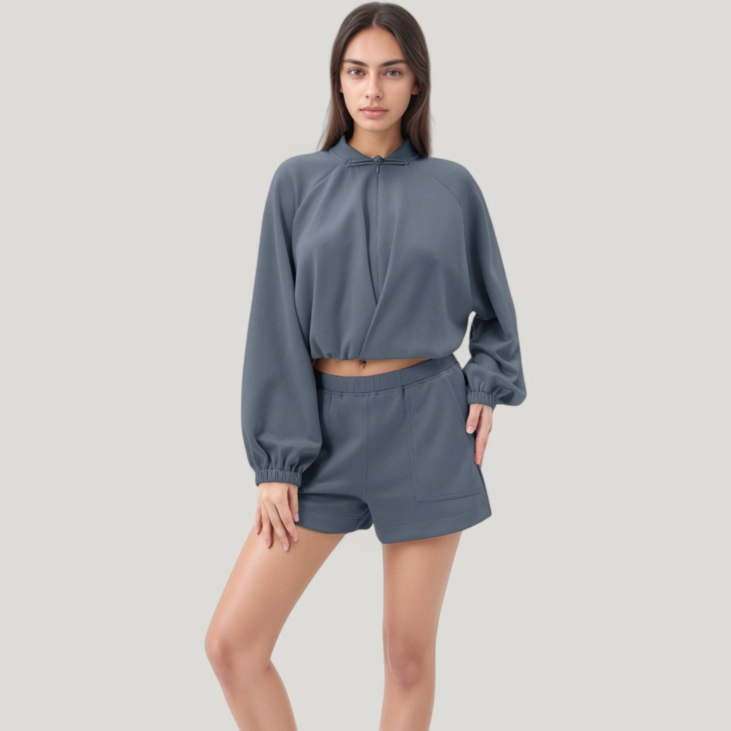 Long Sleeve Woven Lounge Top with Half Zip Front, Elastic Hem, and Relaxed Draped Fit