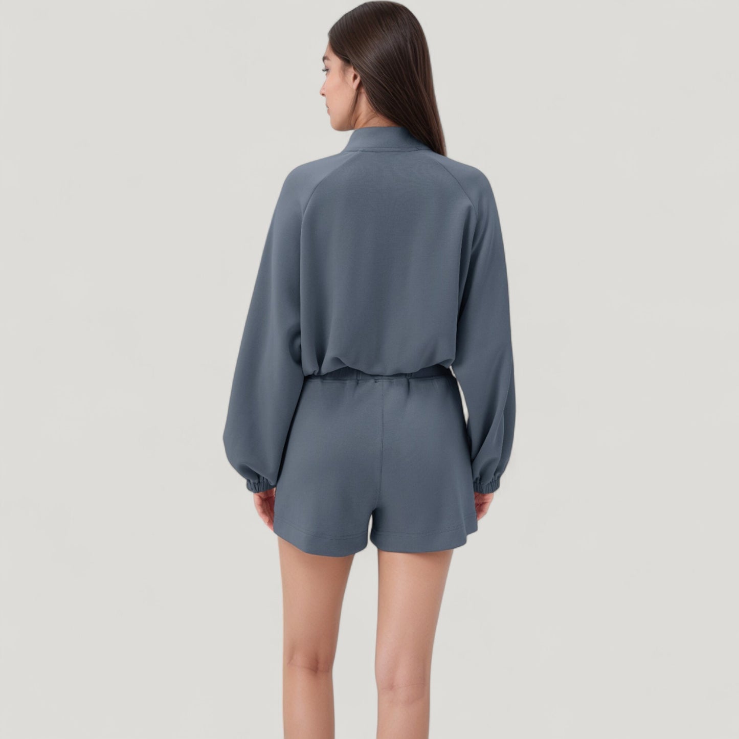 Long Sleeve Woven Lounge Top with Half Zip Front, Elastic Hem, and Relaxed Draped Fit