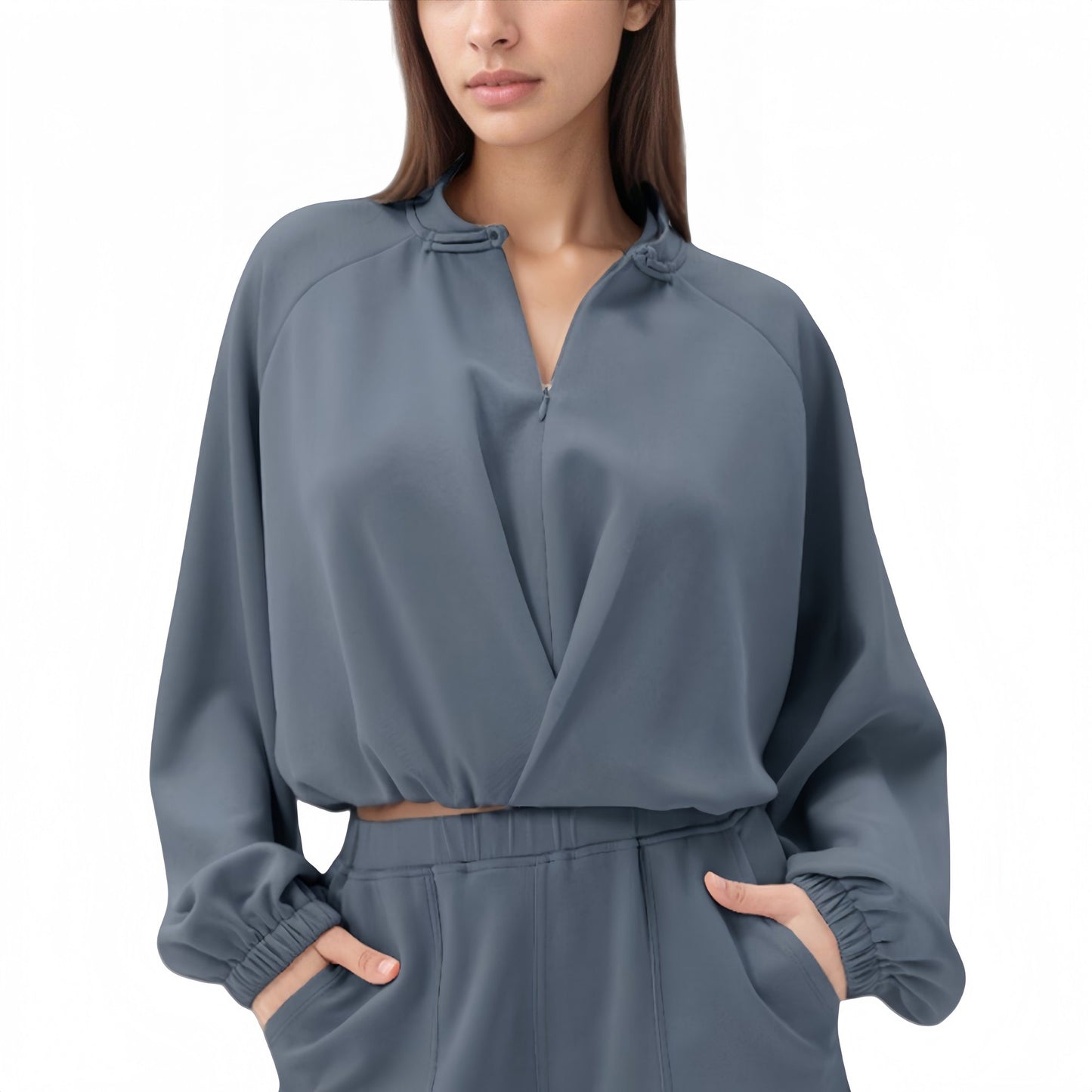 Long Sleeve Woven Lounge Top with Half Zip Front, Elastic Hem, and Relaxed Draped Fit