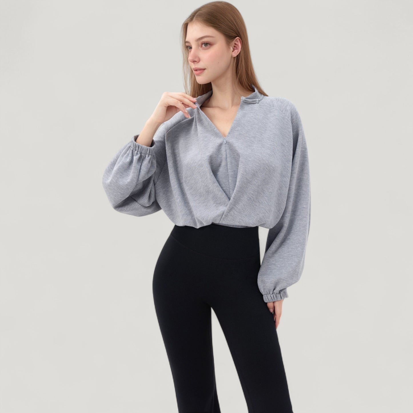 Long Sleeve Woven Lounge Top with Half Zip Front, Elastic Hem, and Relaxed Draped Fit