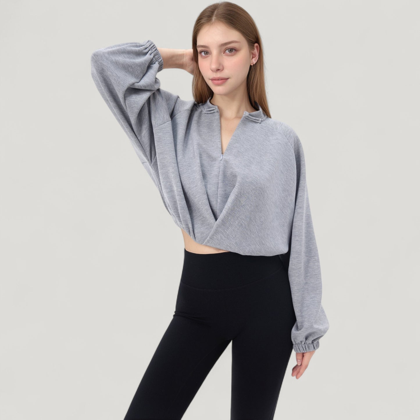 Long Sleeve Woven Lounge Top with Half Zip Front, Elastic Hem, and Relaxed Draped Fit