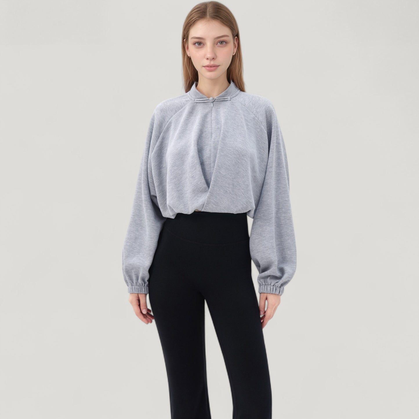 Long Sleeve Woven Lounge Top with Half Zip Front, Elastic Hem, and Relaxed Draped Fit