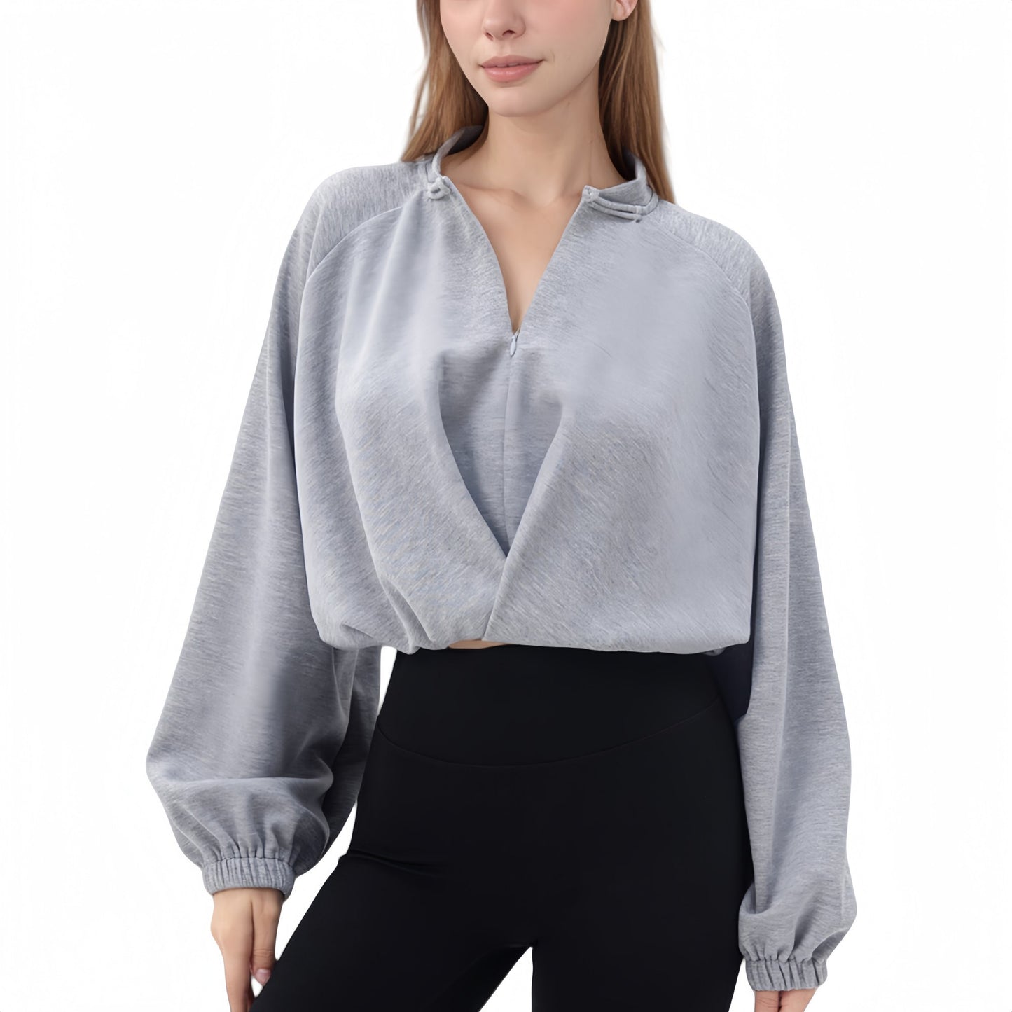 Long Sleeve Woven Lounge Top with Half Zip Front, Elastic Hem, and Relaxed Draped Fit