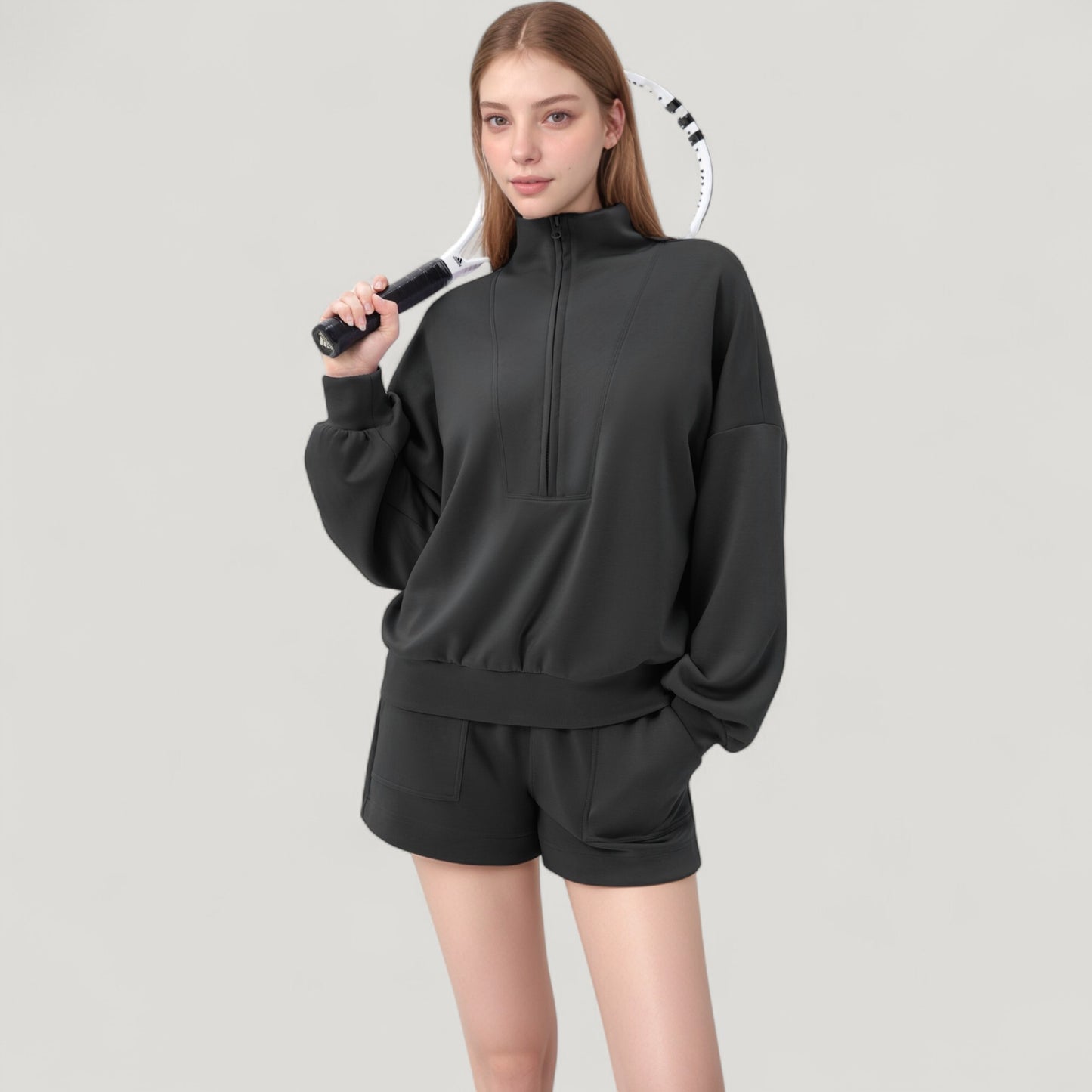 Long Sleeve Woven Half Zip Pullover Top with Stand Collar and Elastic Cuffs