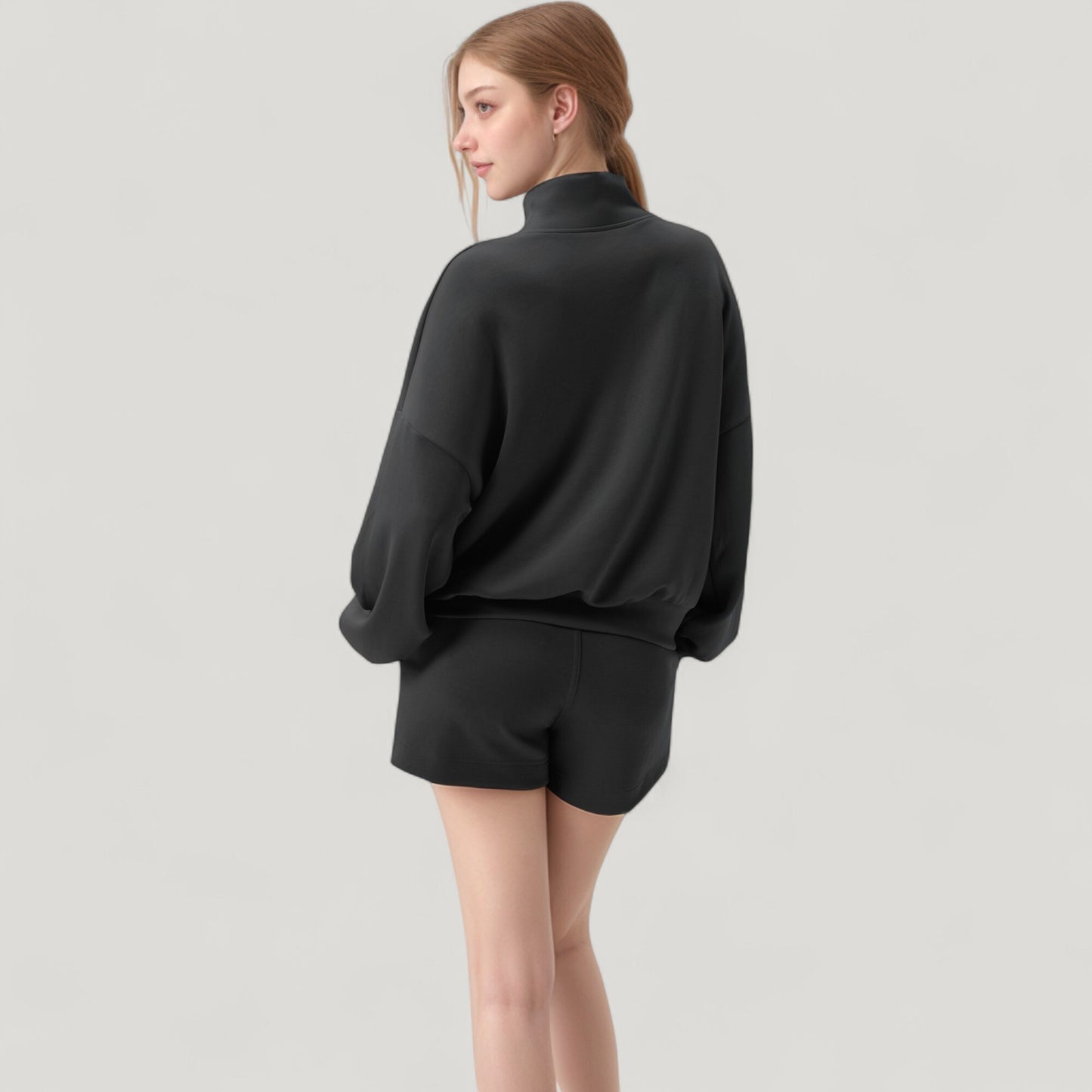 Long Sleeve Woven Half Zip Pullover Top with Stand Collar and Elastic Cuffs