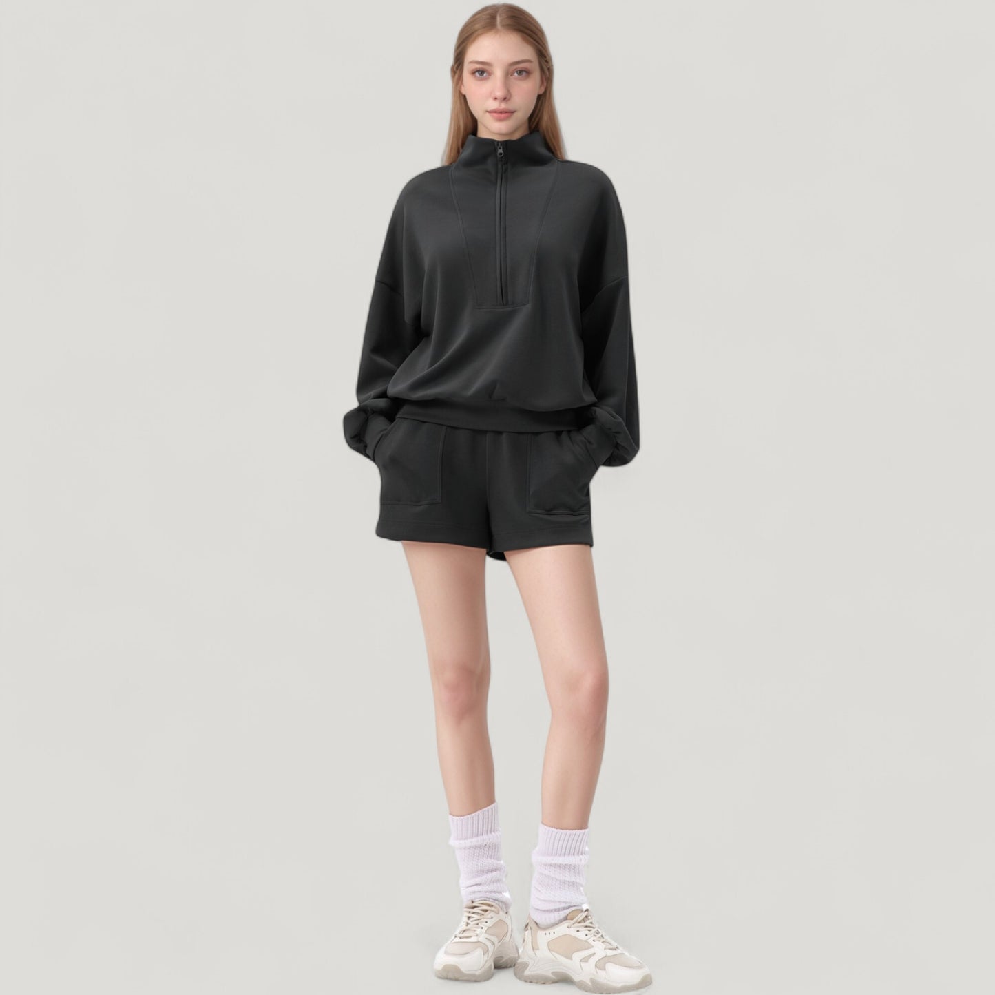 Long Sleeve Woven Half Zip Pullover Top with Stand Collar and Elastic Cuffs