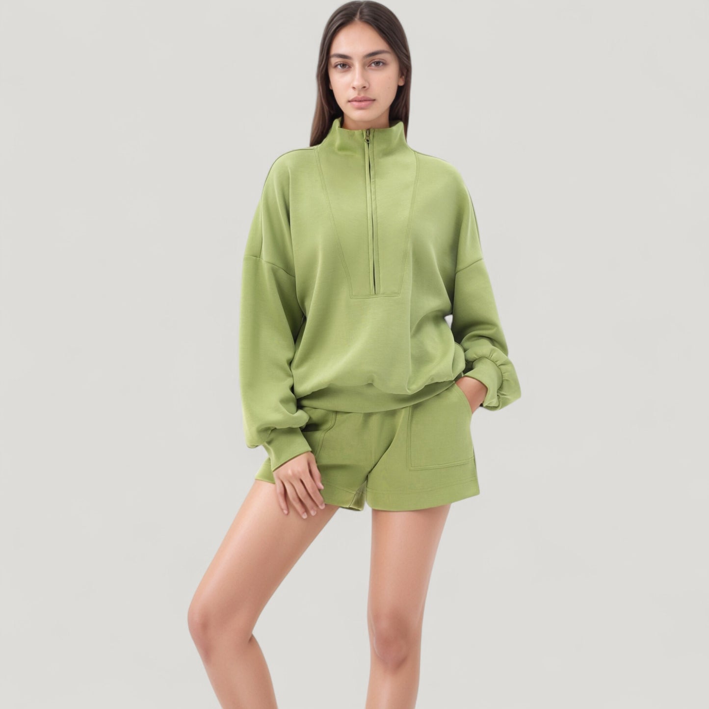 Long Sleeve Woven Half Zip Pullover Top with Stand Collar and Elastic Cuffs