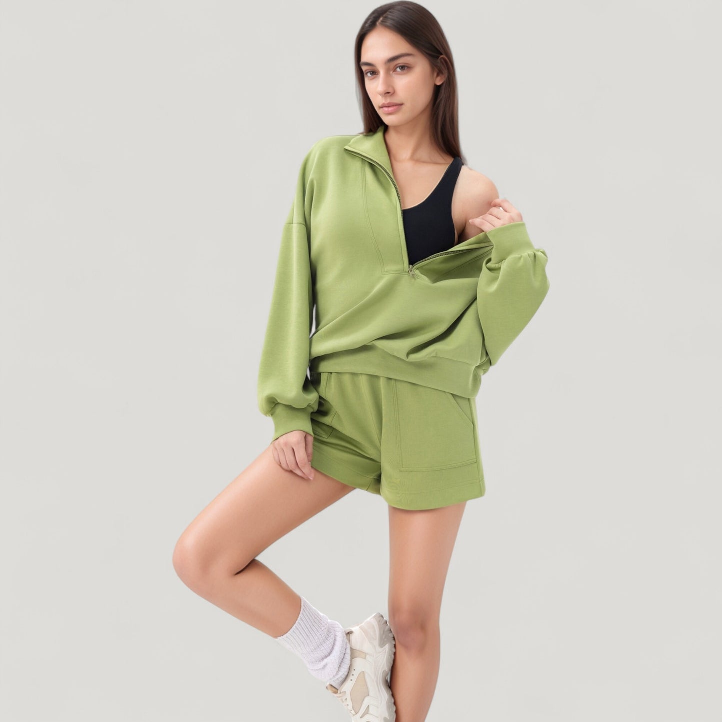 Long Sleeve Woven Half Zip Pullover Top with Stand Collar and Elastic Cuffs
