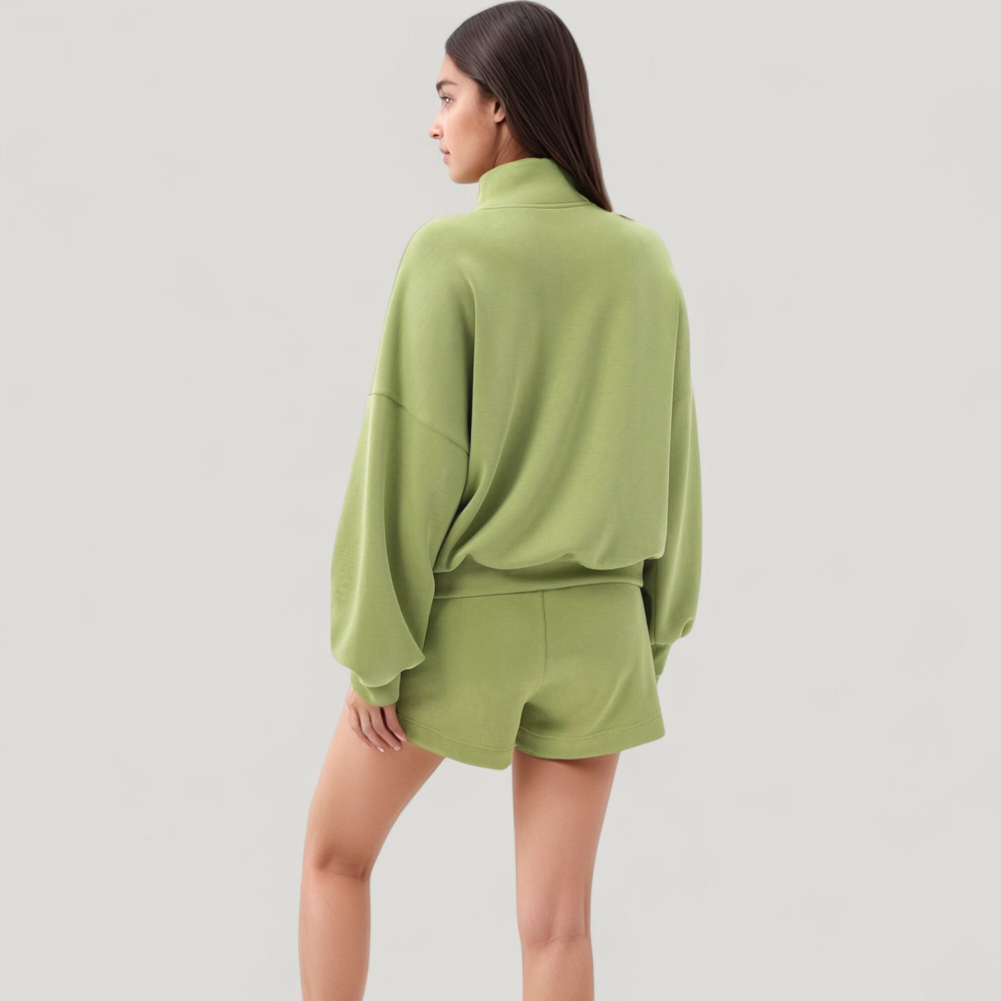 Long Sleeve Woven Half Zip Pullover Top with Stand Collar and Elastic Cuffs
