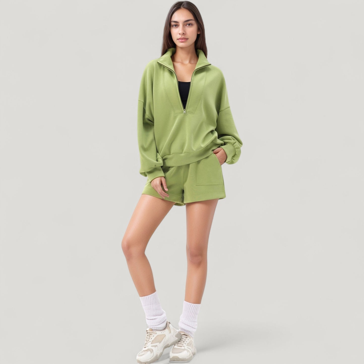 Long Sleeve Woven Half Zip Pullover Top with Stand Collar and Elastic Cuffs