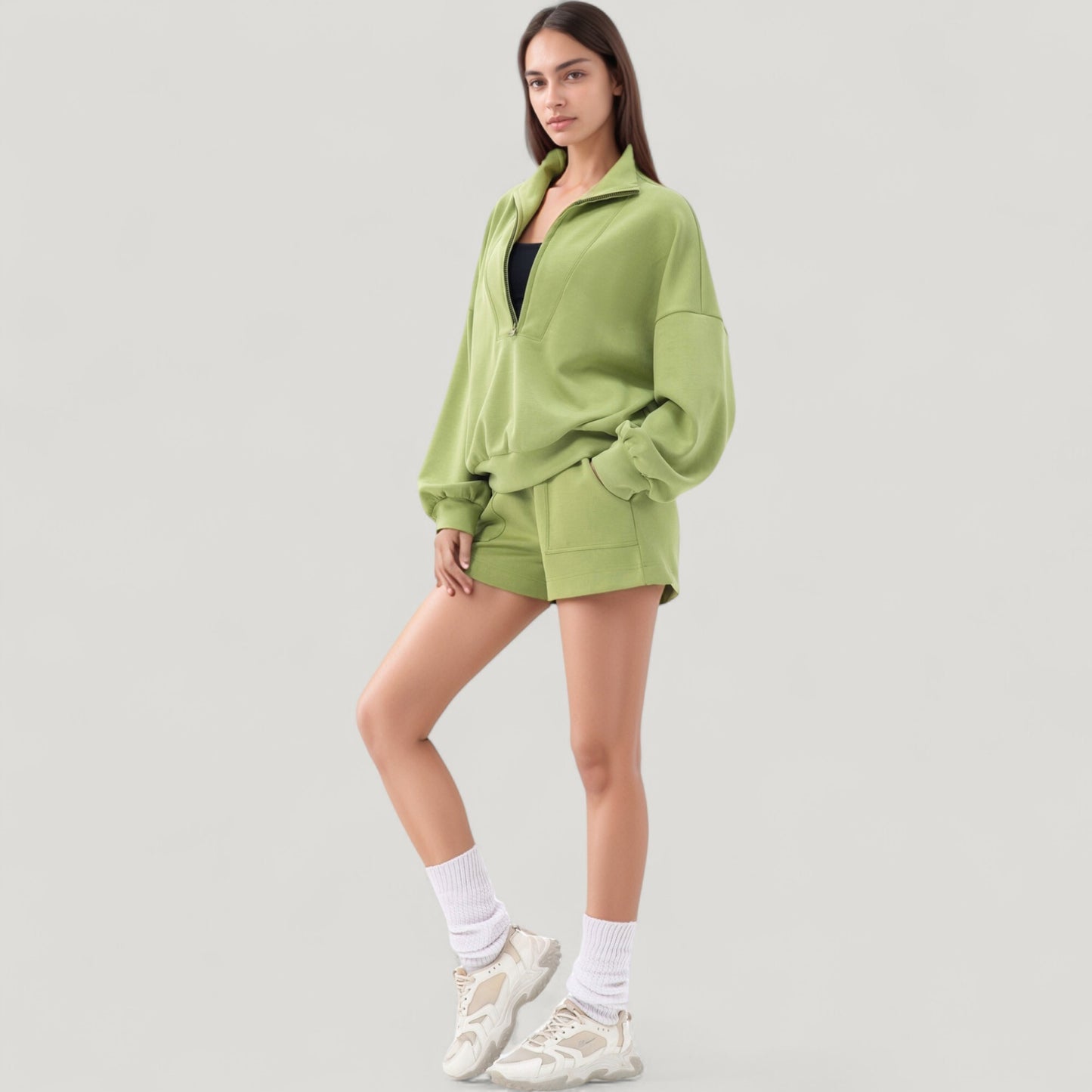 Long Sleeve Woven Half Zip Pullover Top with Stand Collar and Elastic Cuffs