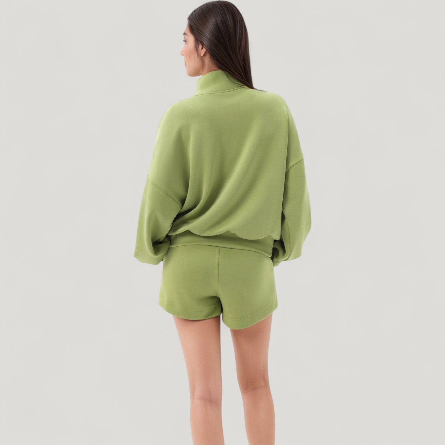 Long Sleeve Woven Half Zip Pullover Top with Stand Collar and Elastic Cuffs