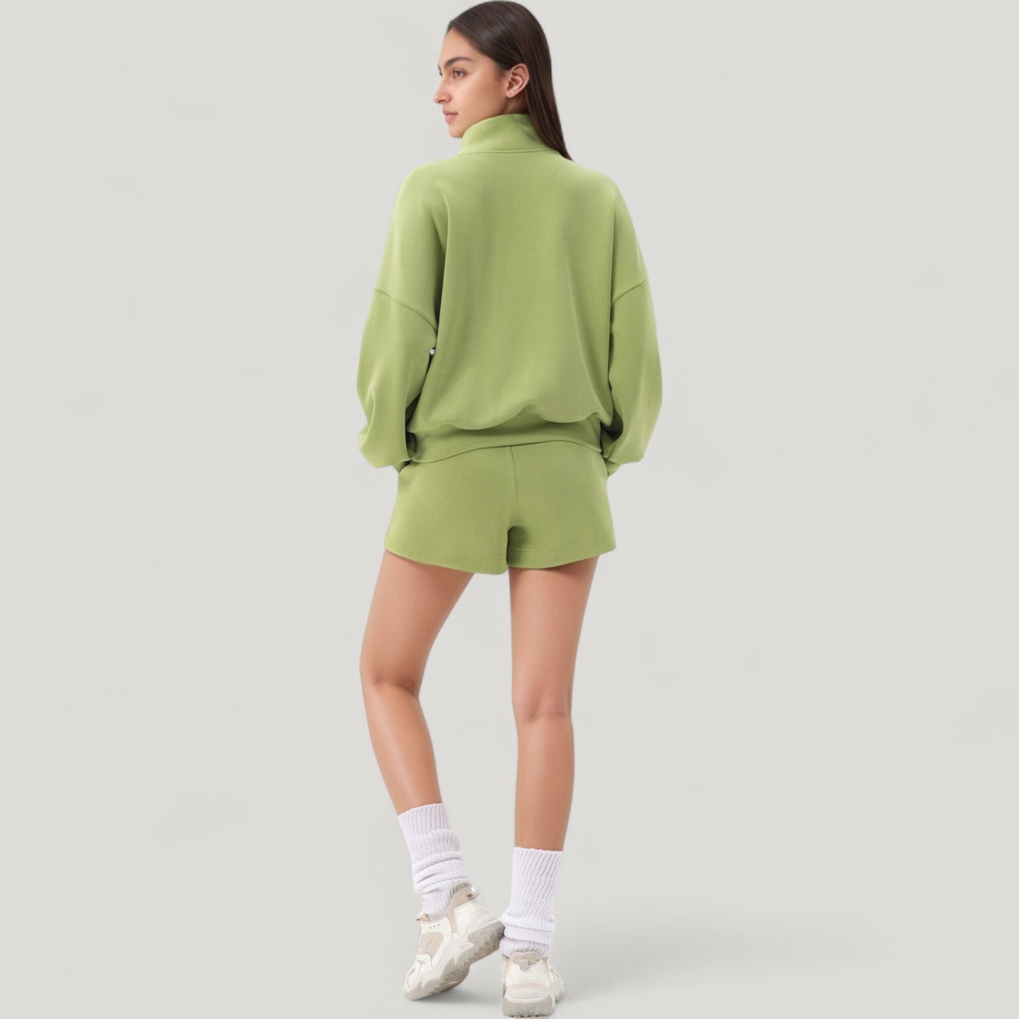 Long Sleeve Woven Half Zip Pullover Top with Stand Collar and Elastic Cuffs