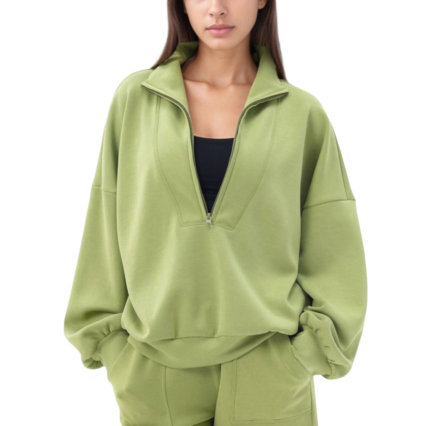 Long Sleeve Woven Half Zip Pullover Top with Stand Collar and Elastic Cuffs