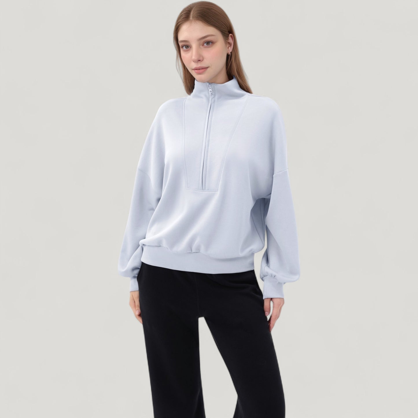 Long Sleeve Woven Half Zip Pullover Top with Stand Collar and Elastic Cuffs