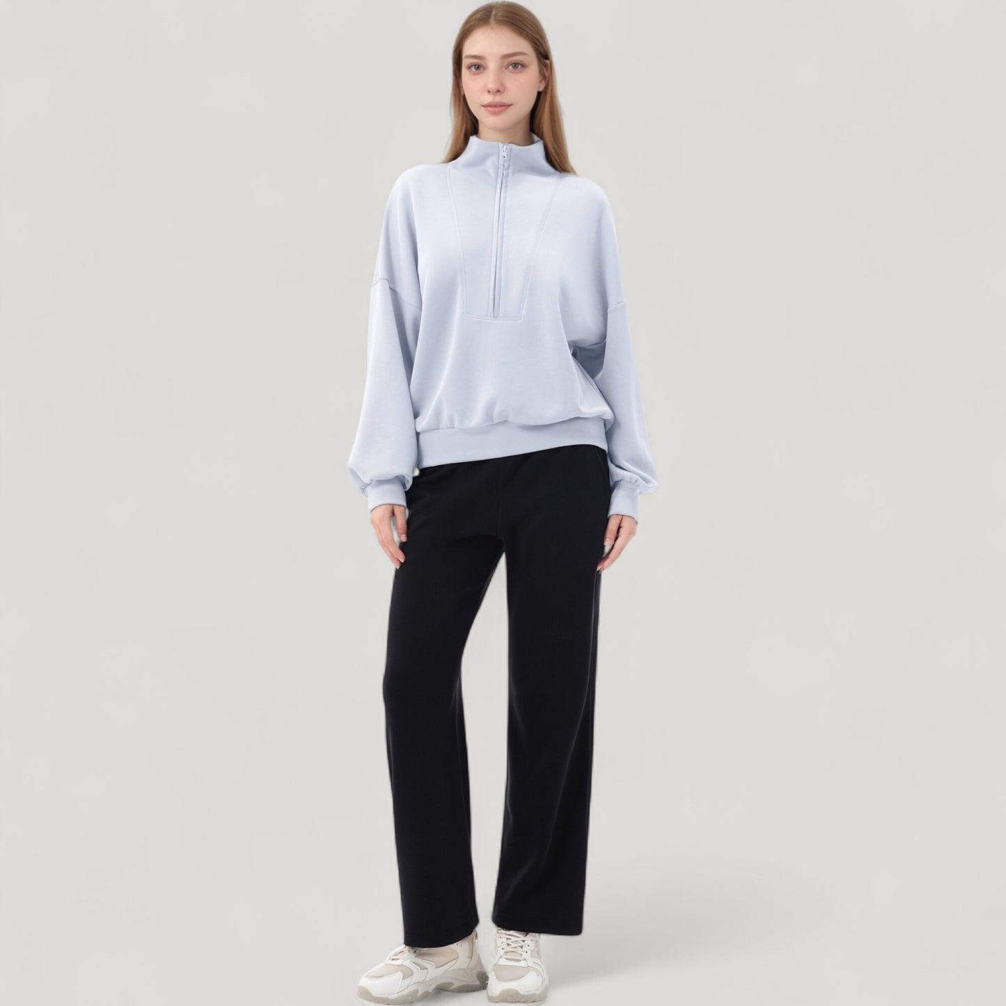 Long Sleeve Woven Half Zip Pullover Top with Stand Collar and Elastic Cuffs
