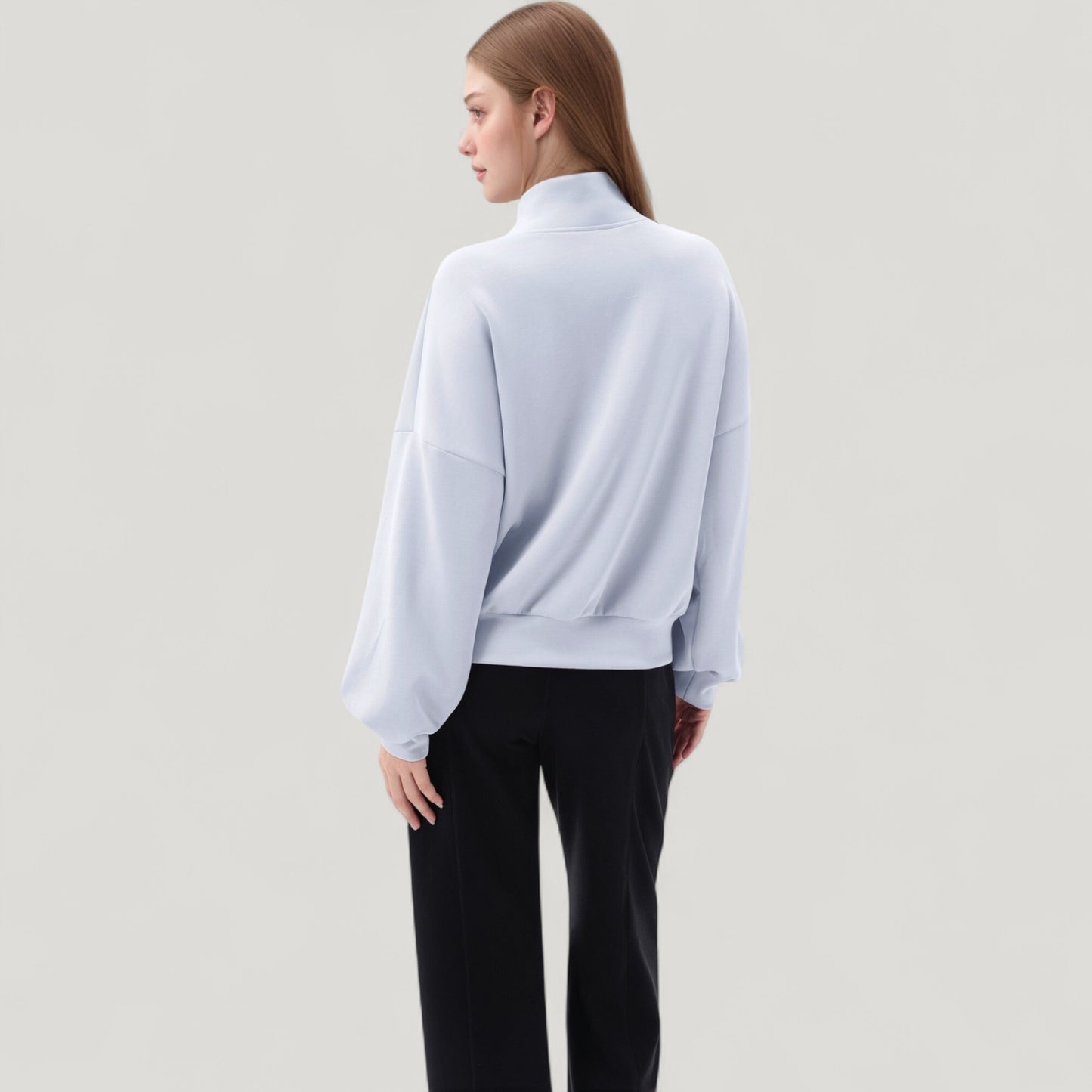 Long Sleeve Woven Half Zip Pullover Top with Stand Collar and Elastic Cuffs
