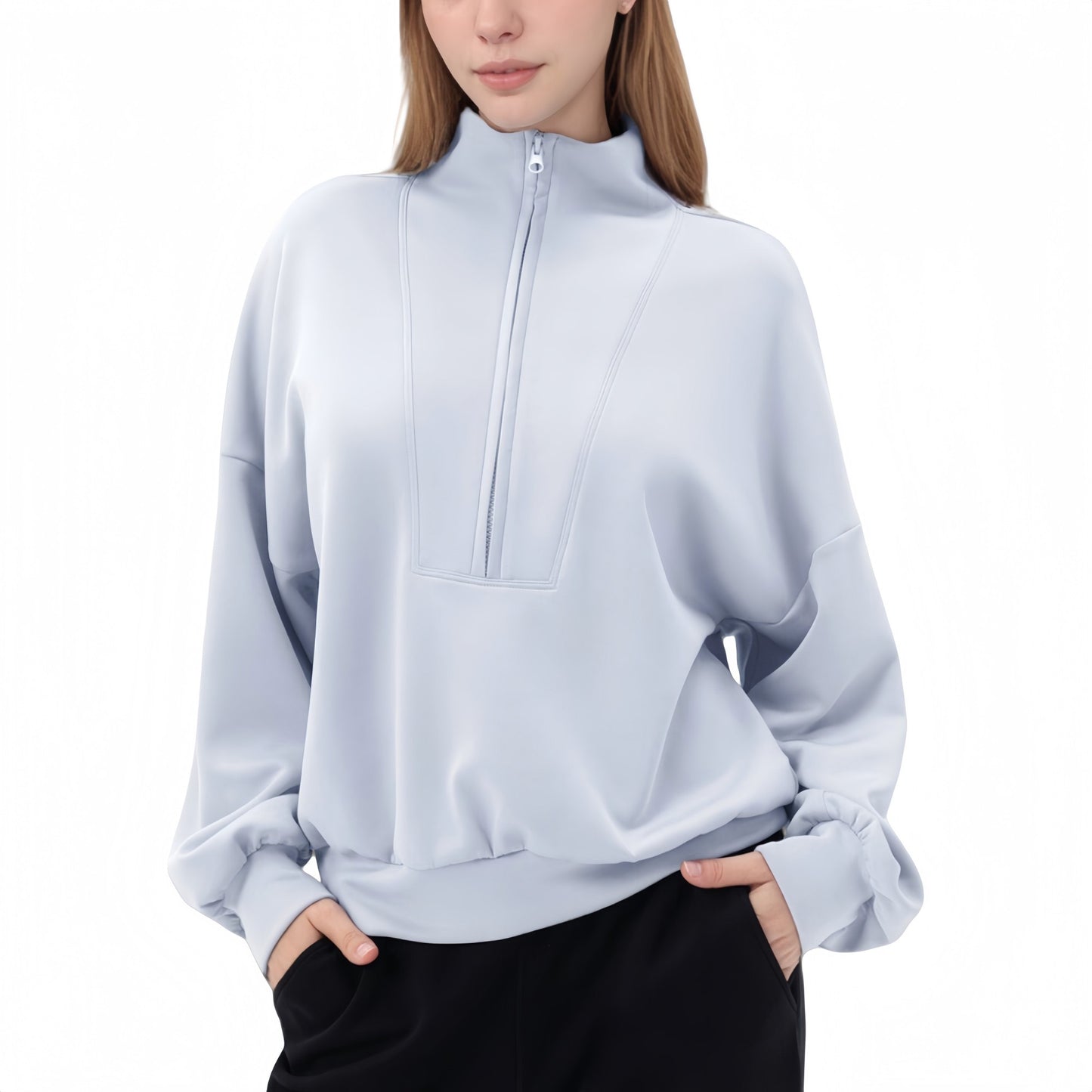 Long Sleeve Woven Half Zip Pullover Top with Stand Collar and Elastic Cuffs