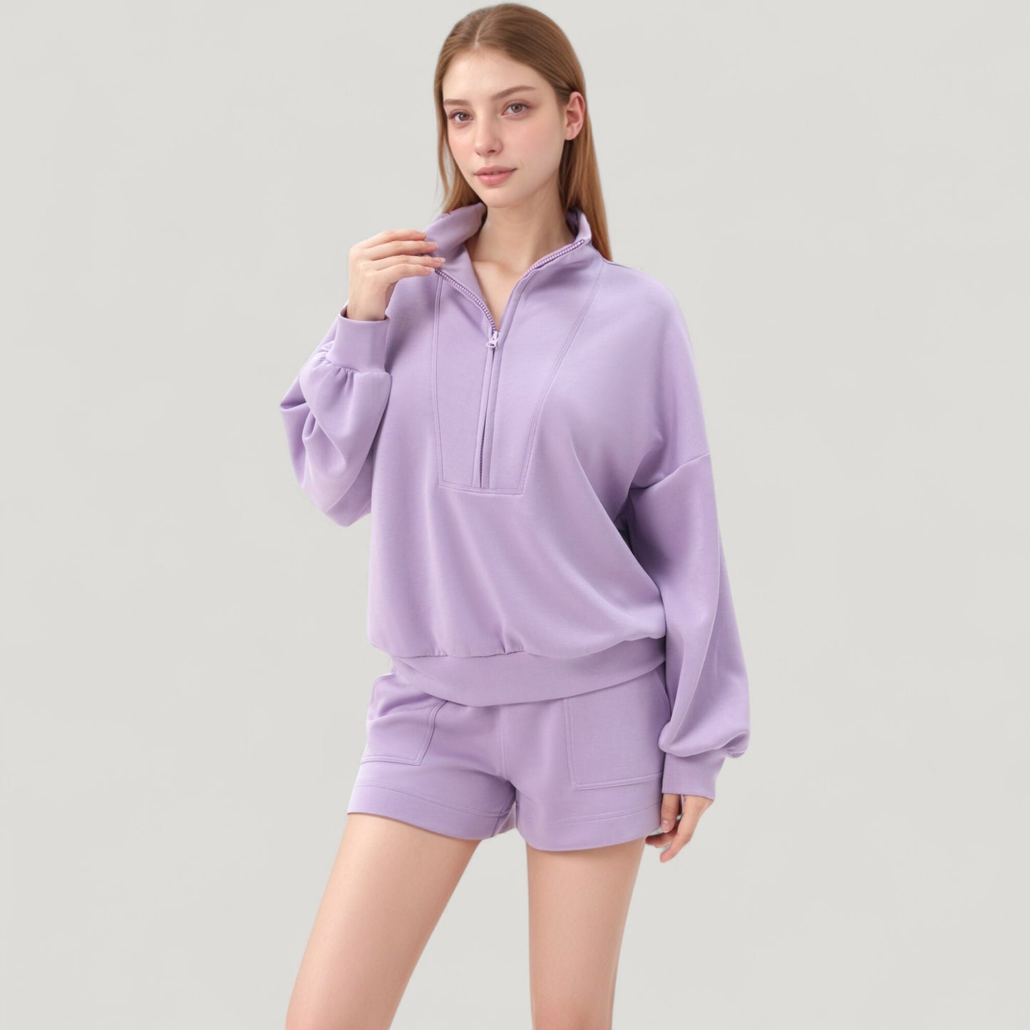 Long Sleeve Woven Half Zip Pullover Top with Stand Collar and Elastic Cuffs